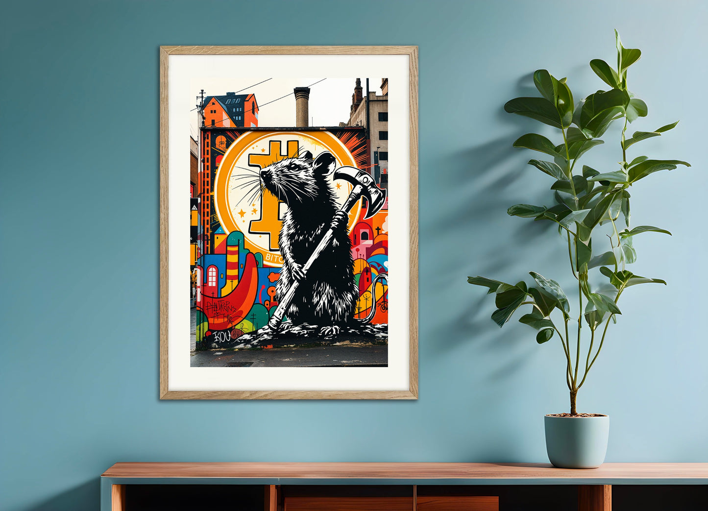 Poster with natural wood frame: Bitcoin, Street Art, Hammer Rat