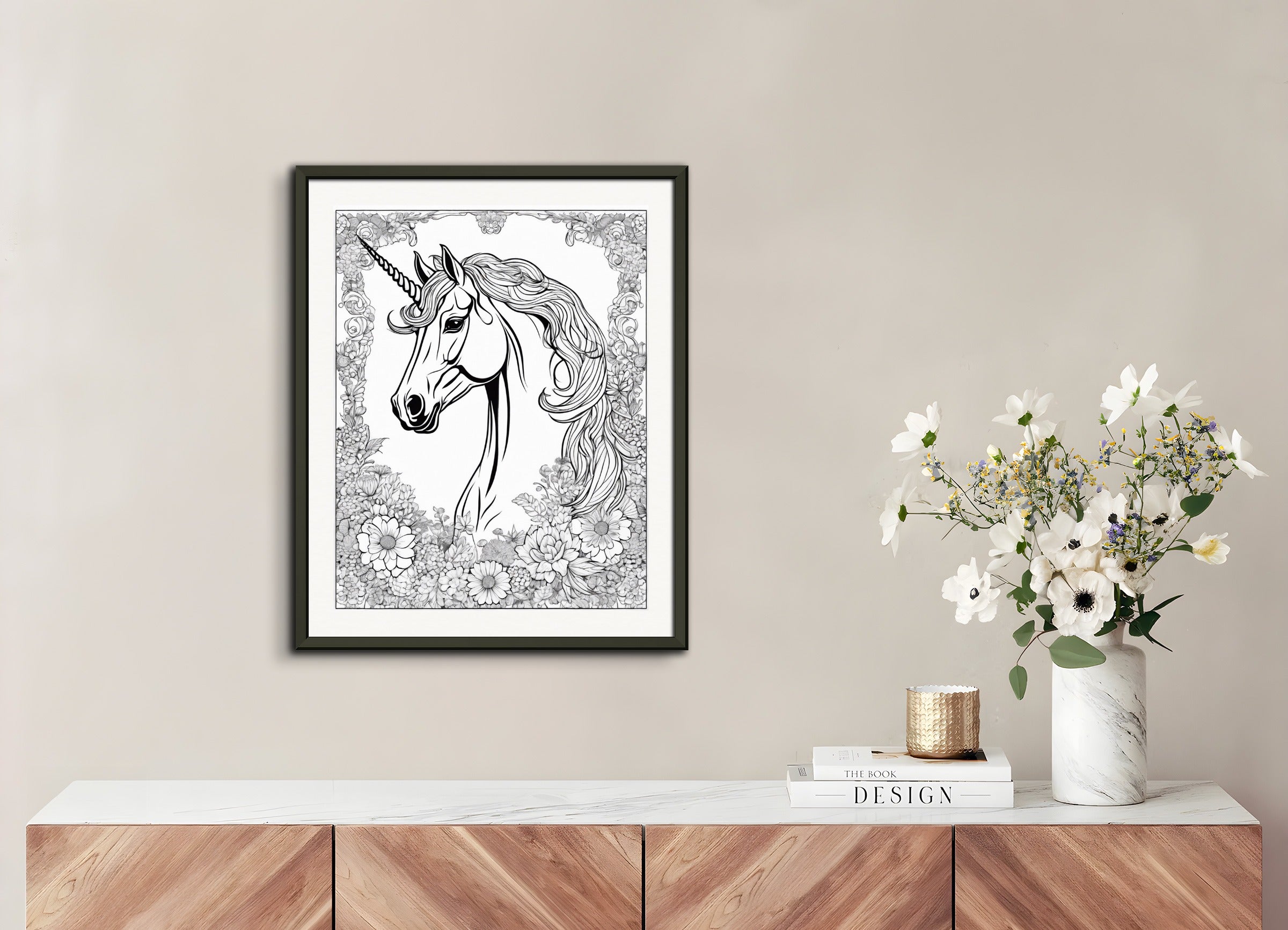 Poster with metal frame: Coloring page, Unicorn