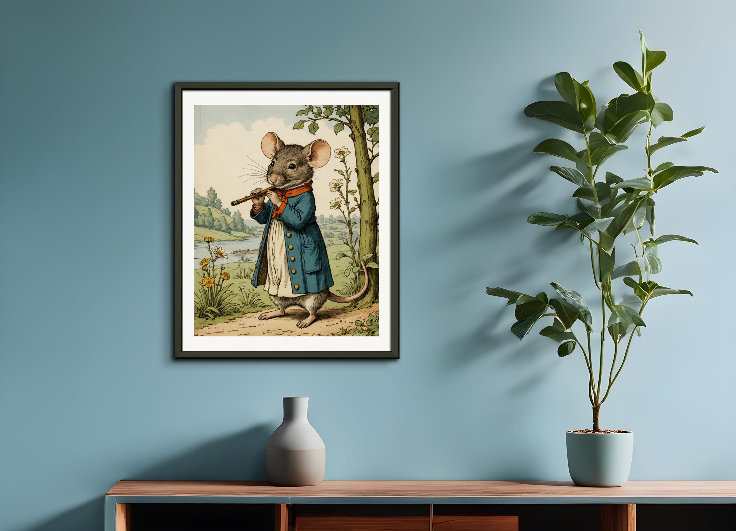 Poster with metal frame: British illustrations, innocent and nostalgic childhood, a mouse playing the flute