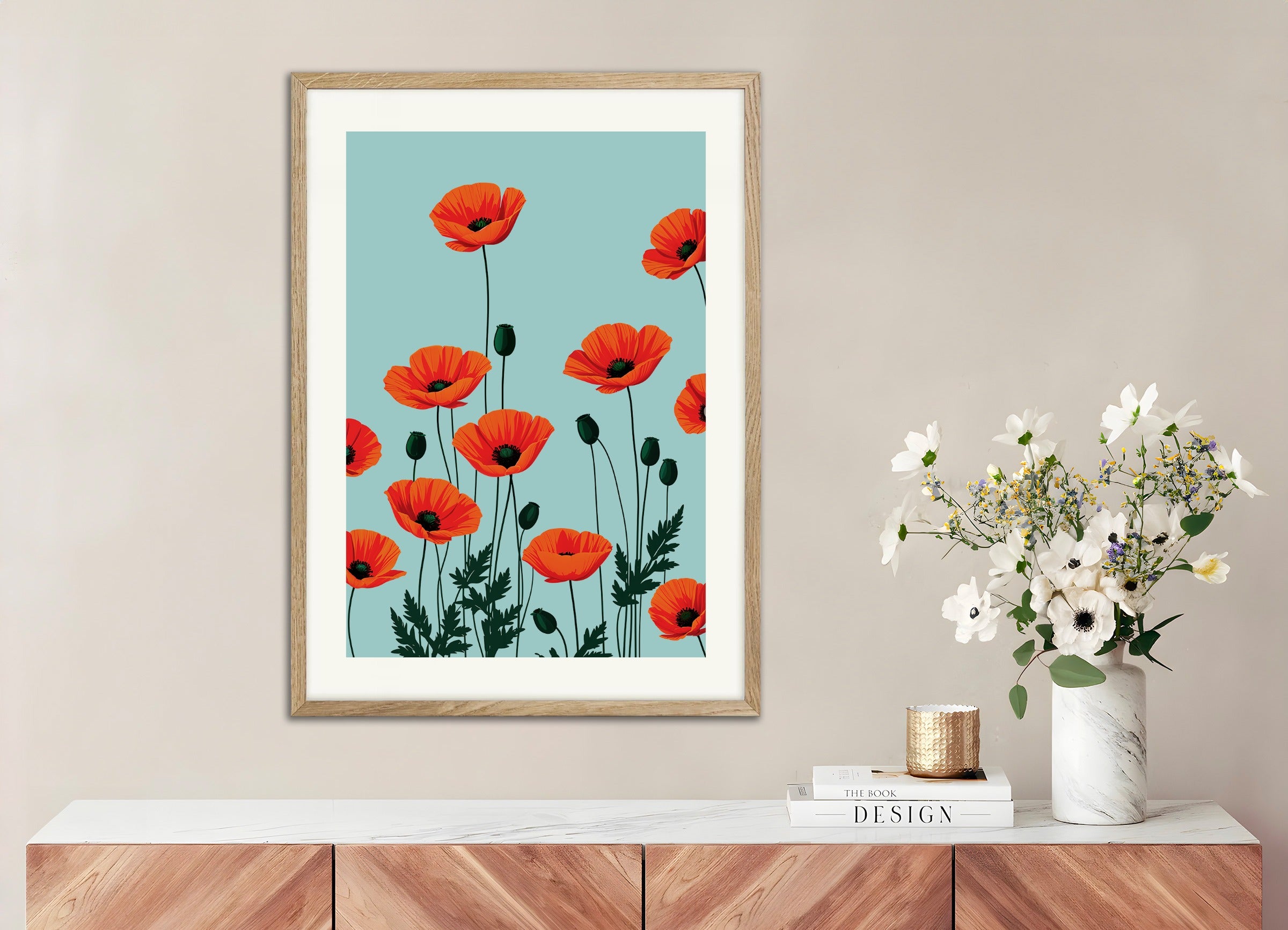 Poster with natural wood frame: Poppies