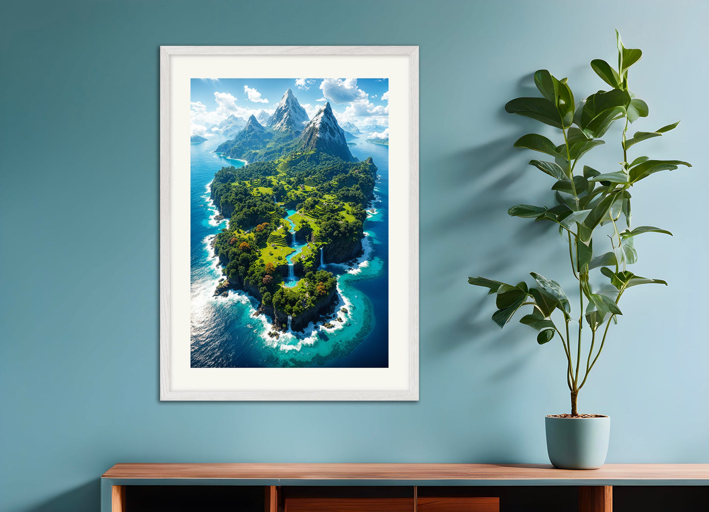 Poster with white wood frame: Minecraft, beautiful island from above