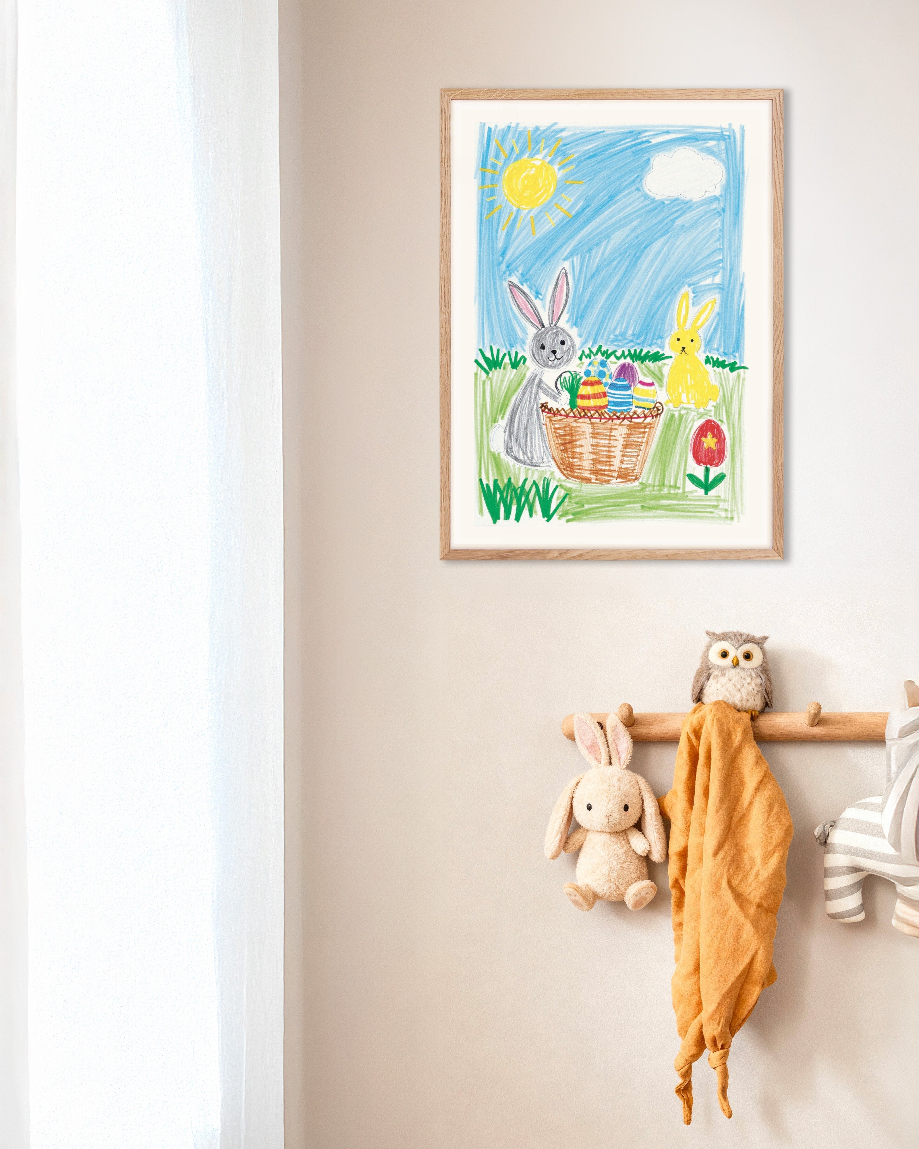 Poster of Easter Bunny Basket – Crayon Style Poster, with natural wooden frame