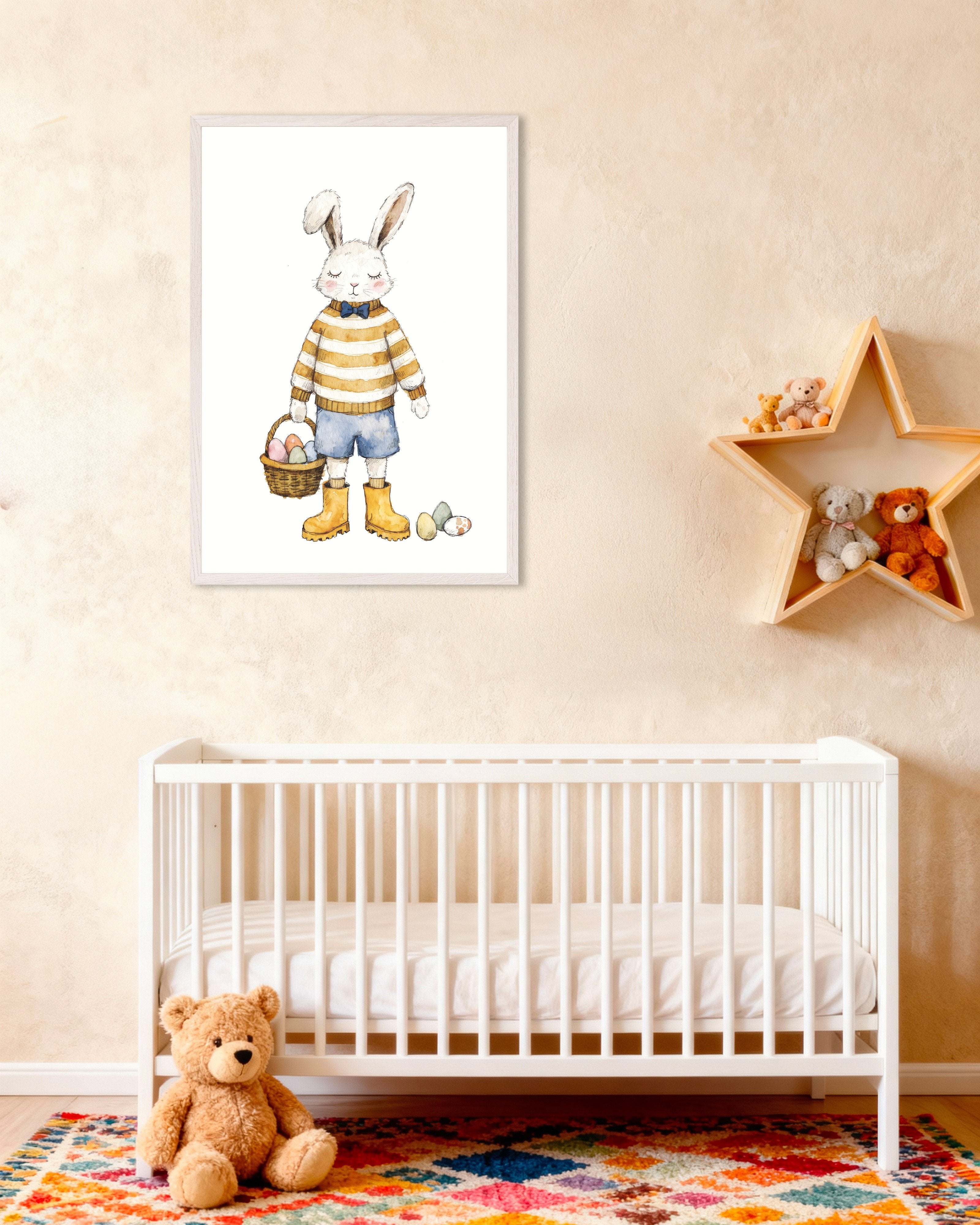 Poster of Easter Bunny with Basket Art Print, with white wooden frame