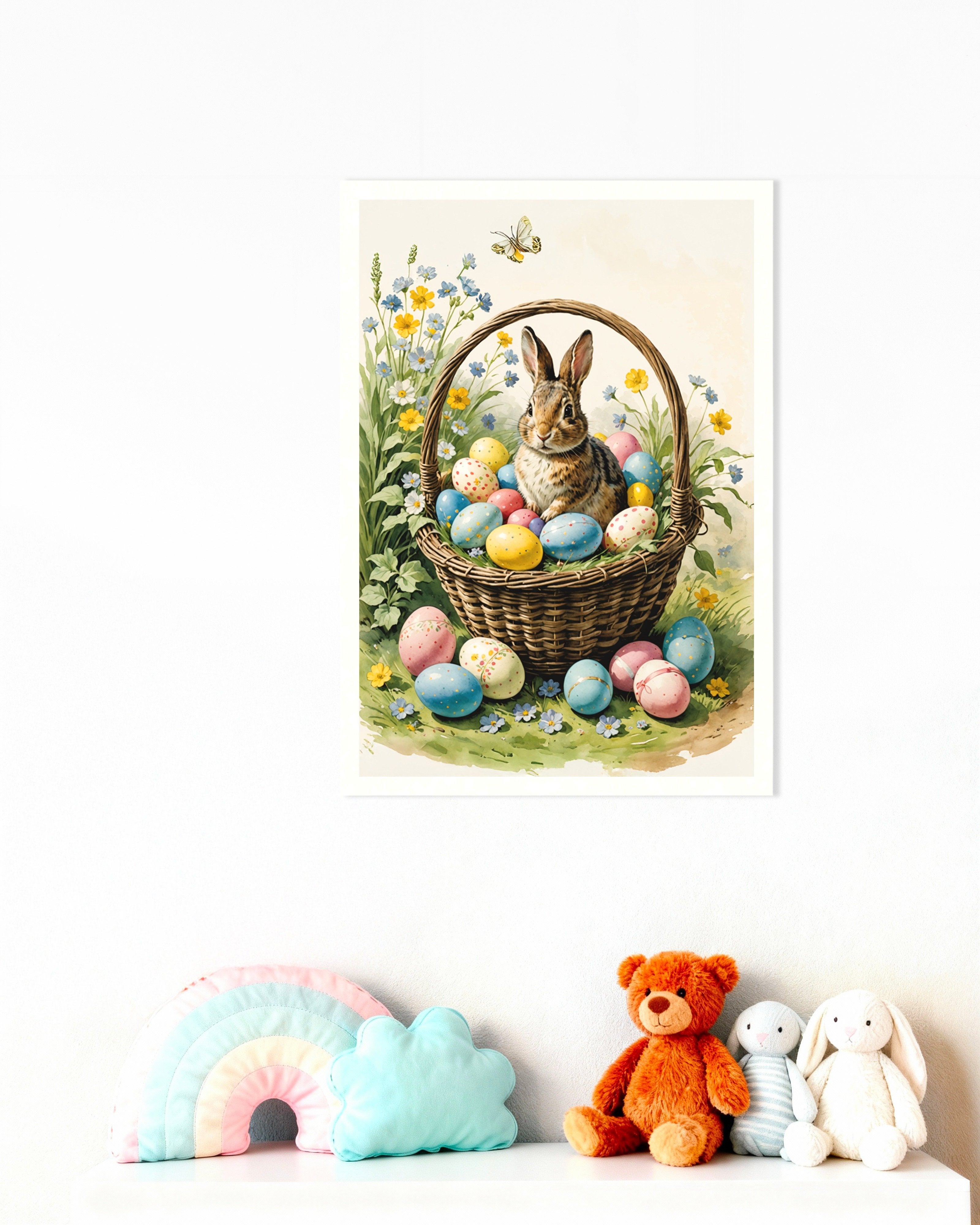 Poster of Easter eggs and rabbit in a basket