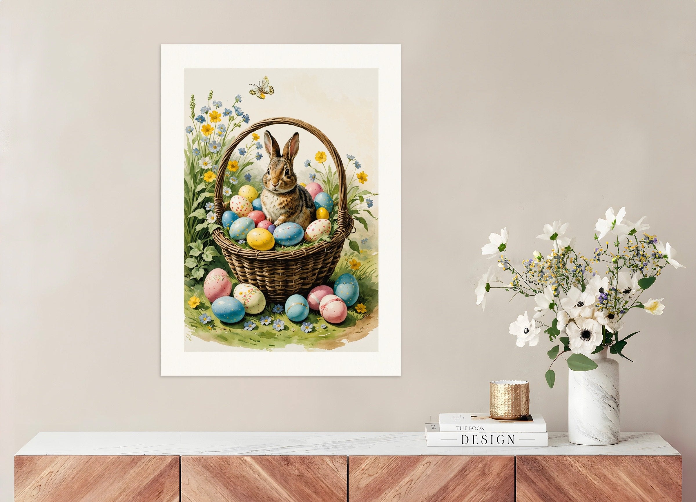 Poster of Easter poster, eggs and rabbit in a basket