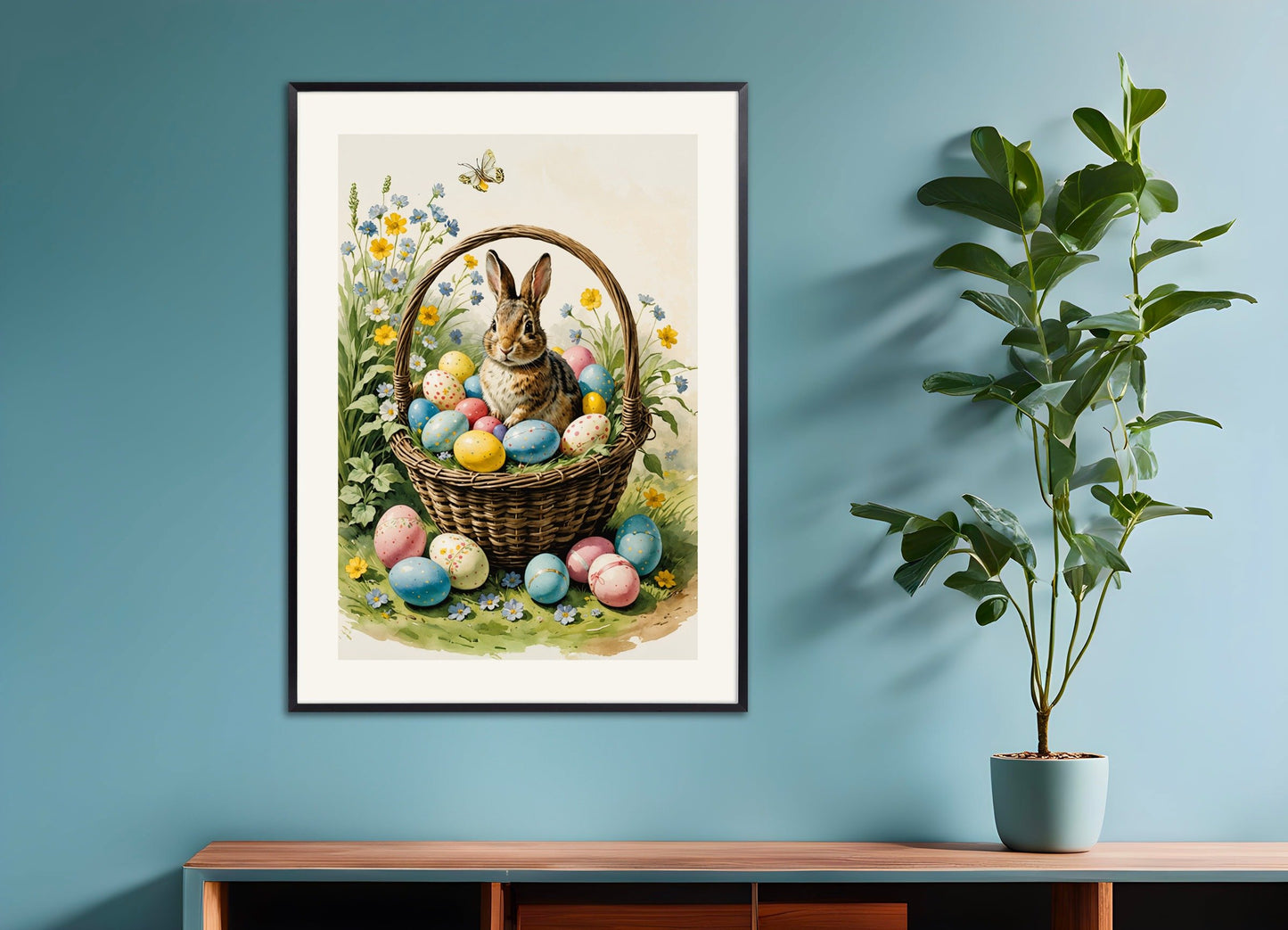 Poster of Easter poster, eggs and rabbit in a basket, with metal frame