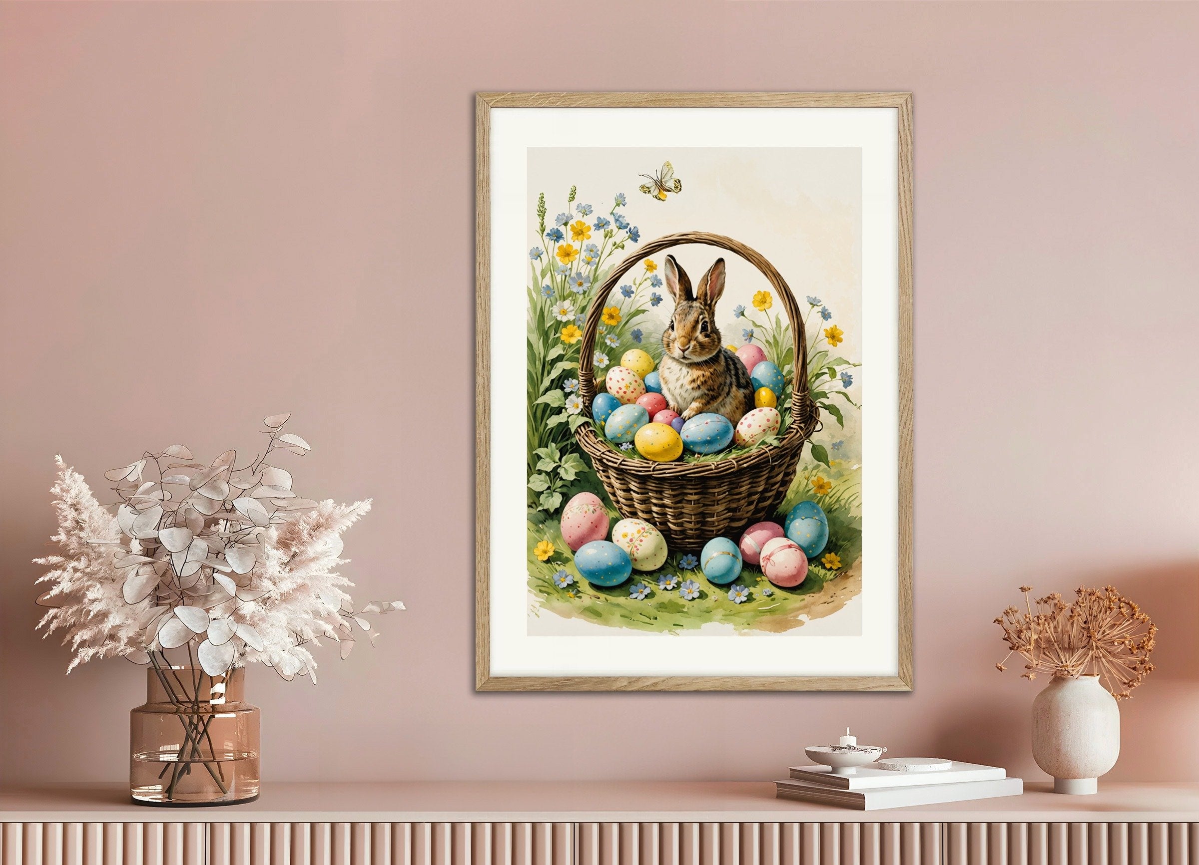 Poster of Easter poster, eggs and rabbit in a basket, with natural wooden frame