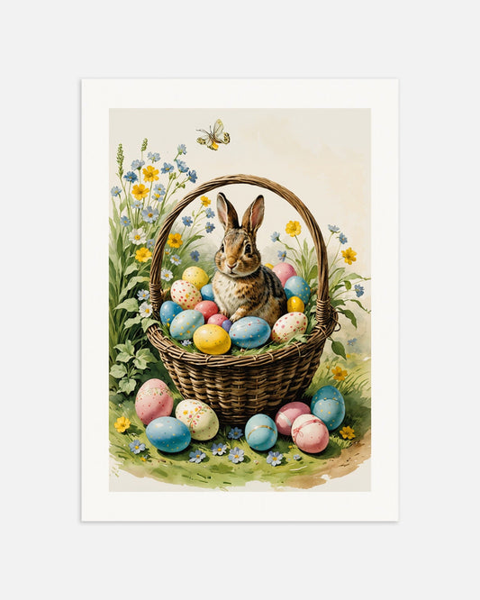 Poster of Easter poster, eggs and rabbit in a basket, thumbnail