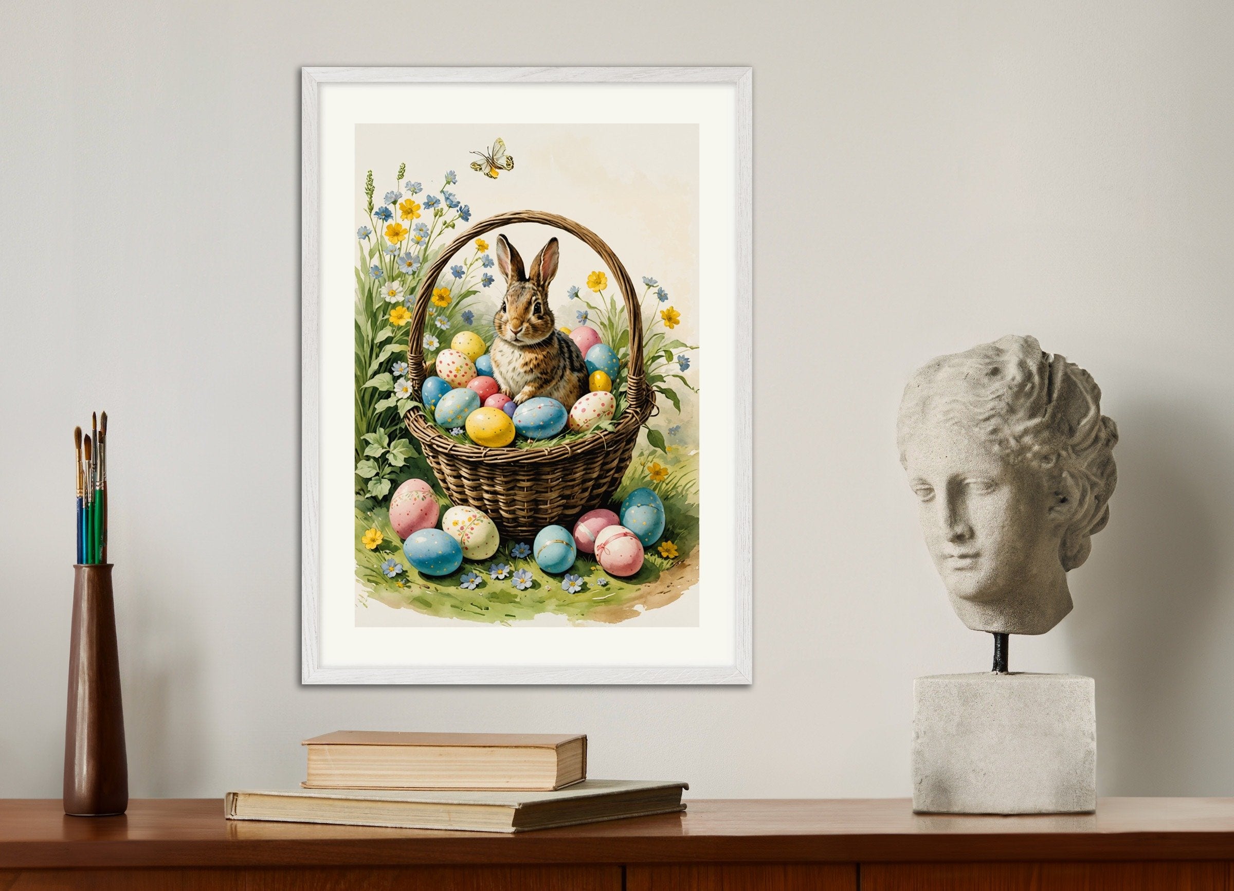 Poster of Easter poster, eggs and rabbit in a basket, with white wooden frame