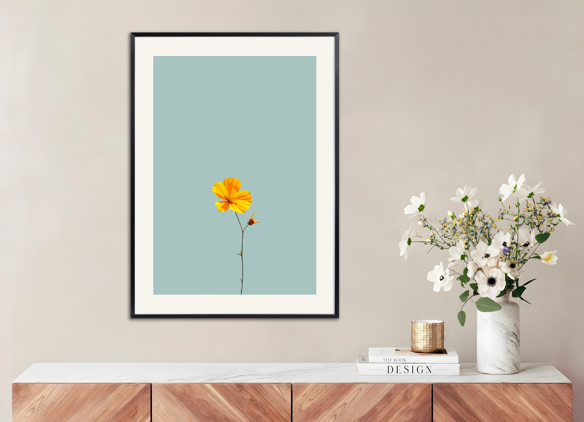 Poster with metal frame: Yellow flower on Le Corbusier's colors