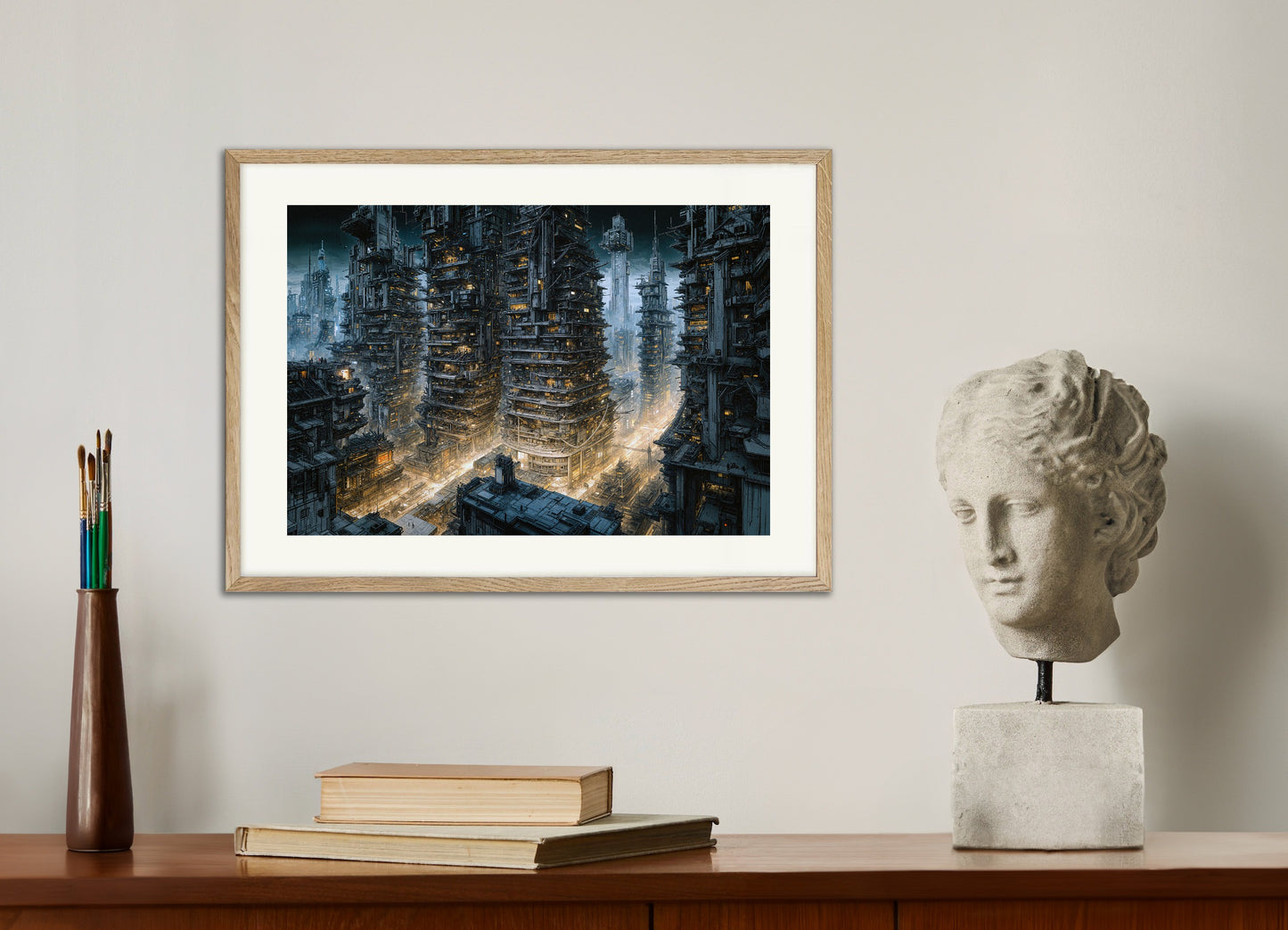 Poster with natural wood frame: Cybernetic city at night, science-fiction