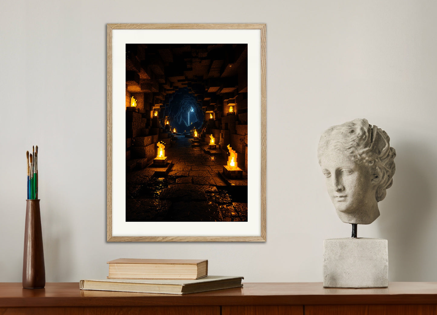 Poster with natural wood frame: Minecraft, mysterious cave