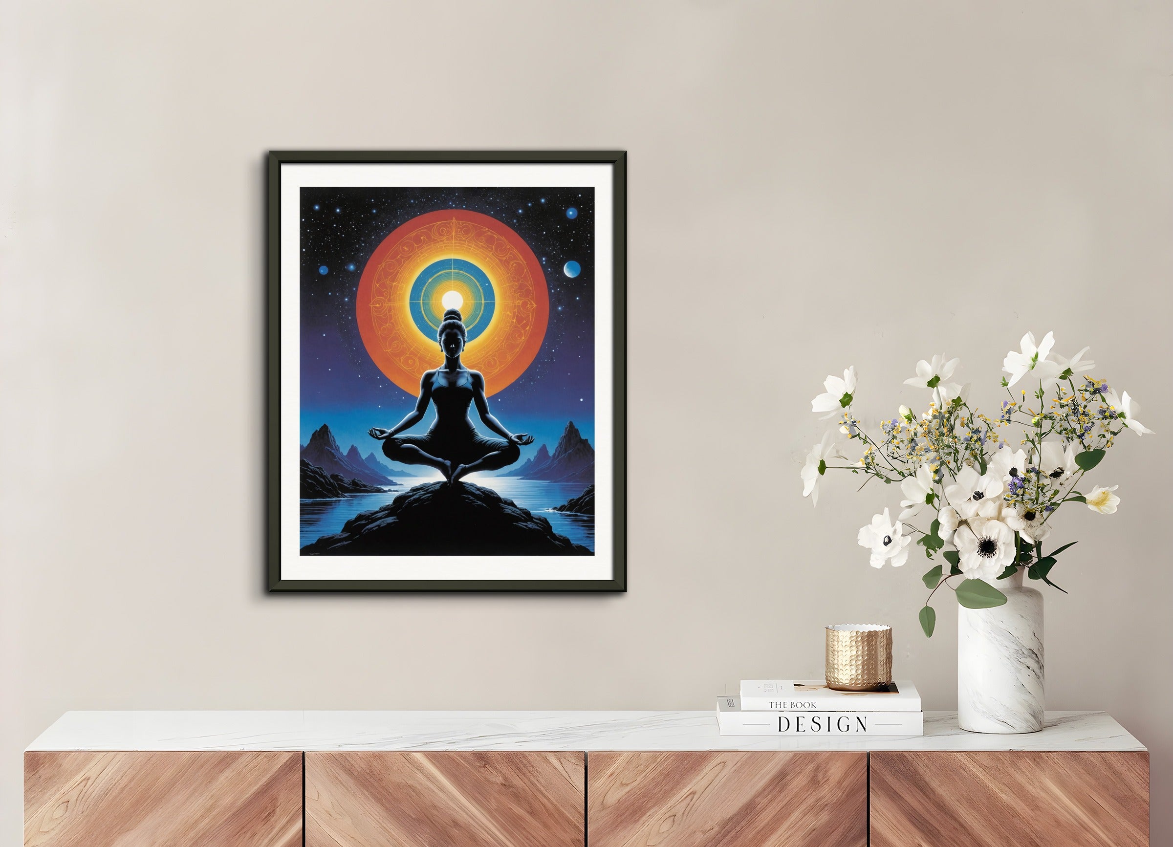 Poster with metal frame: French science fiction comics, dreamlike and psychedelic landscapes, Yoga