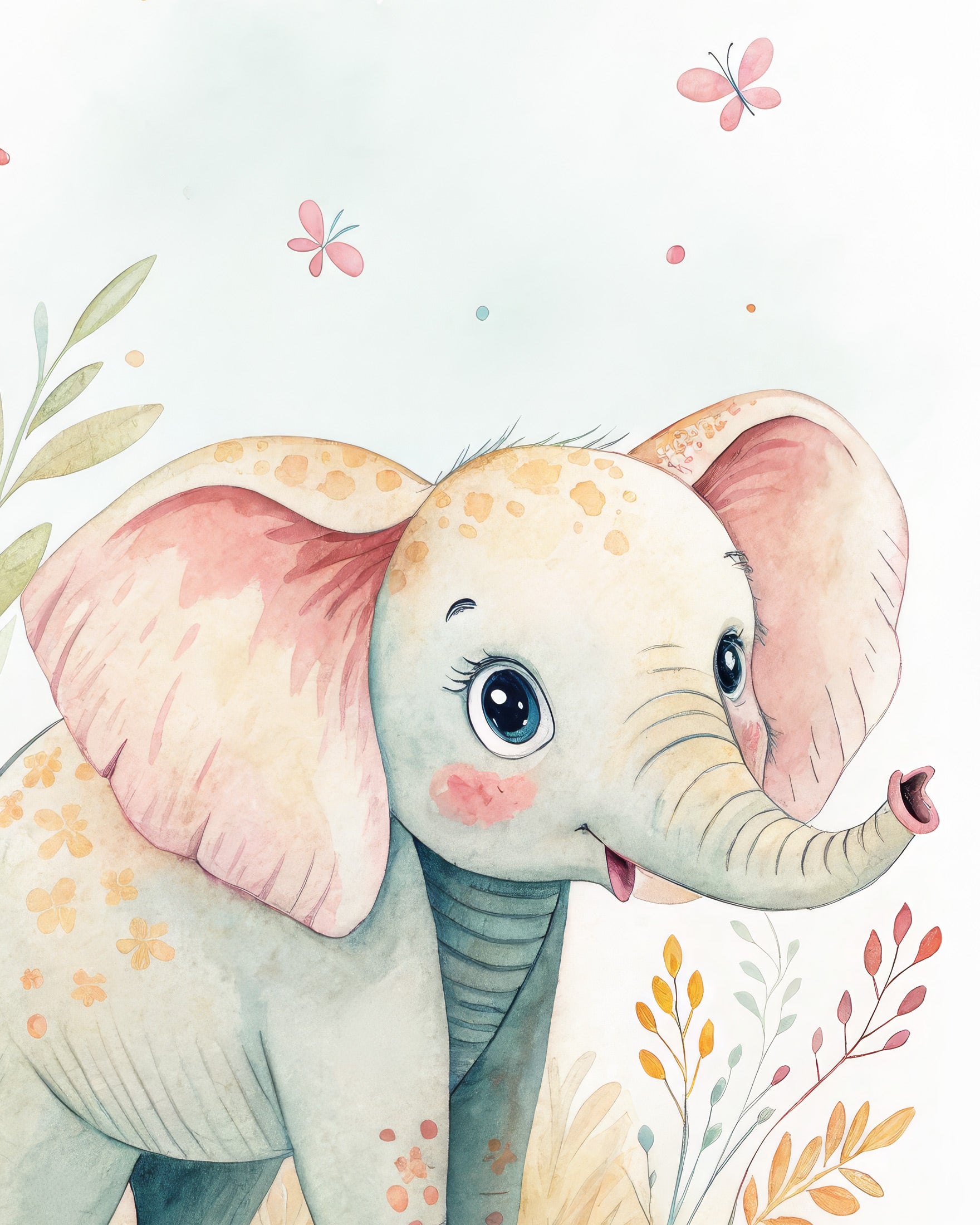 Illustration of a cute elephant with pink ears and flowers in the background