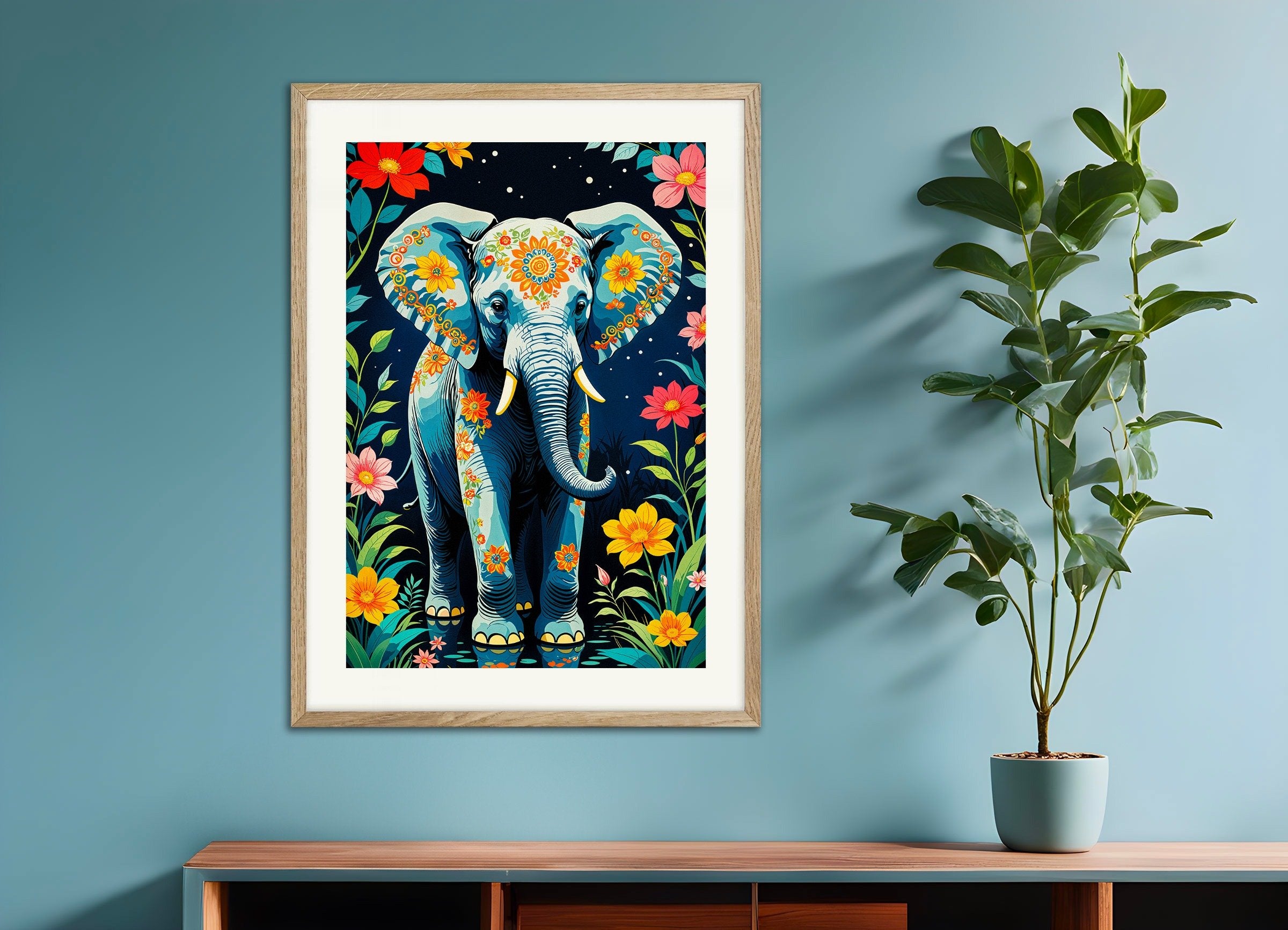 Poster of Elephant poster, with natural wooden frame