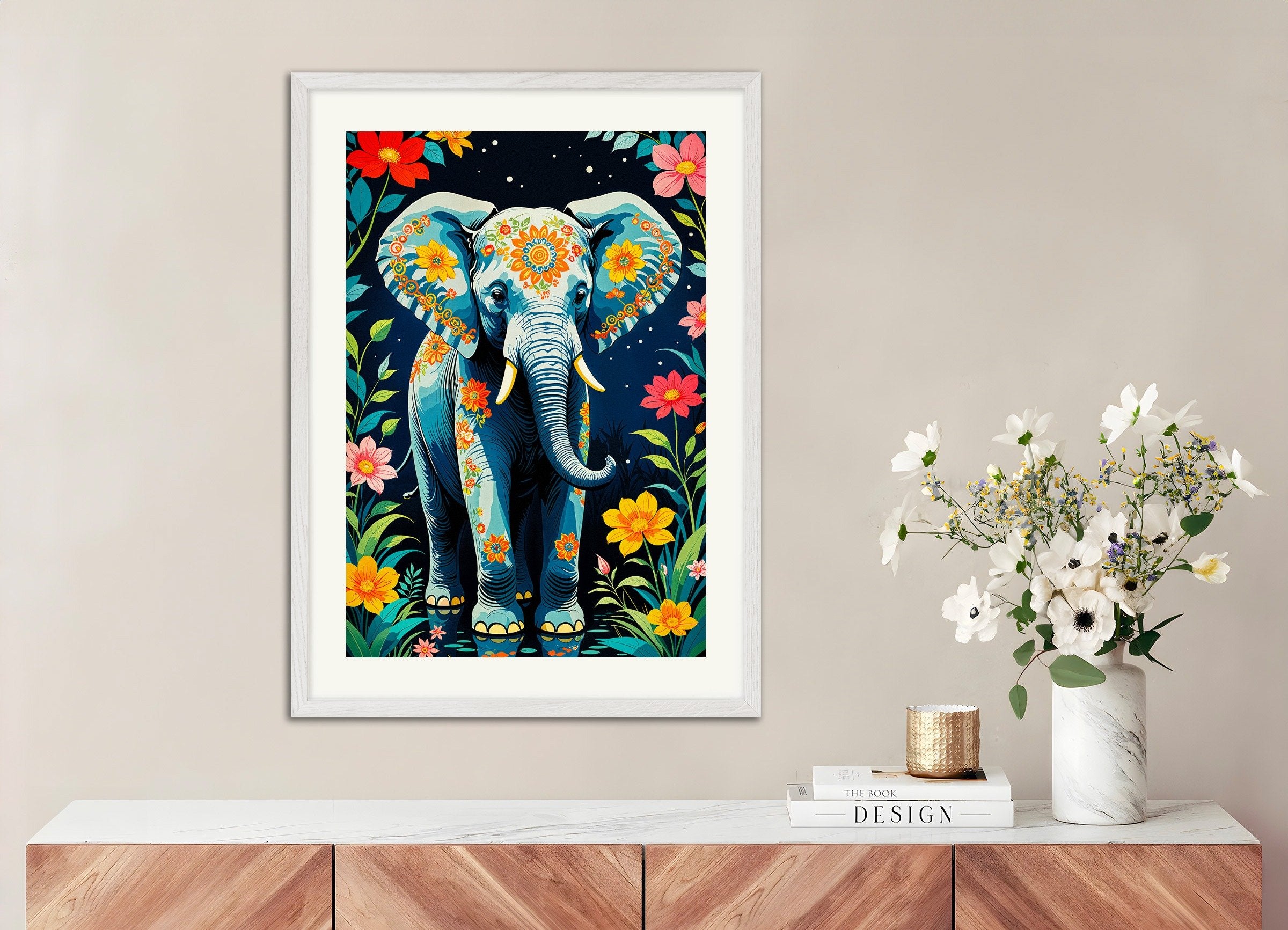 Poster of Elephant poster, with white wooden frame