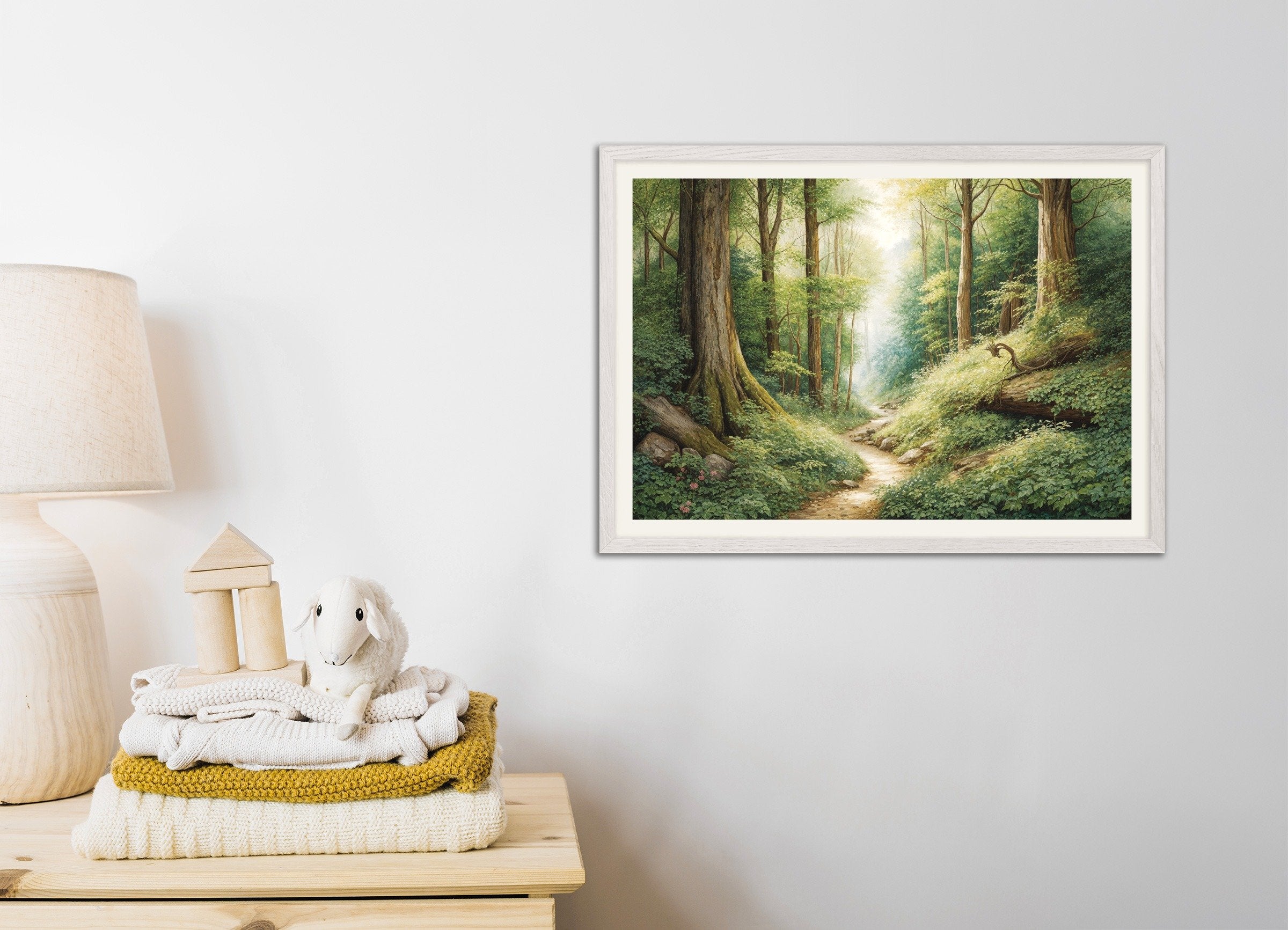 Poster of Enchanted Forest Poster – Poetic Woodland Art, with white wooden frame