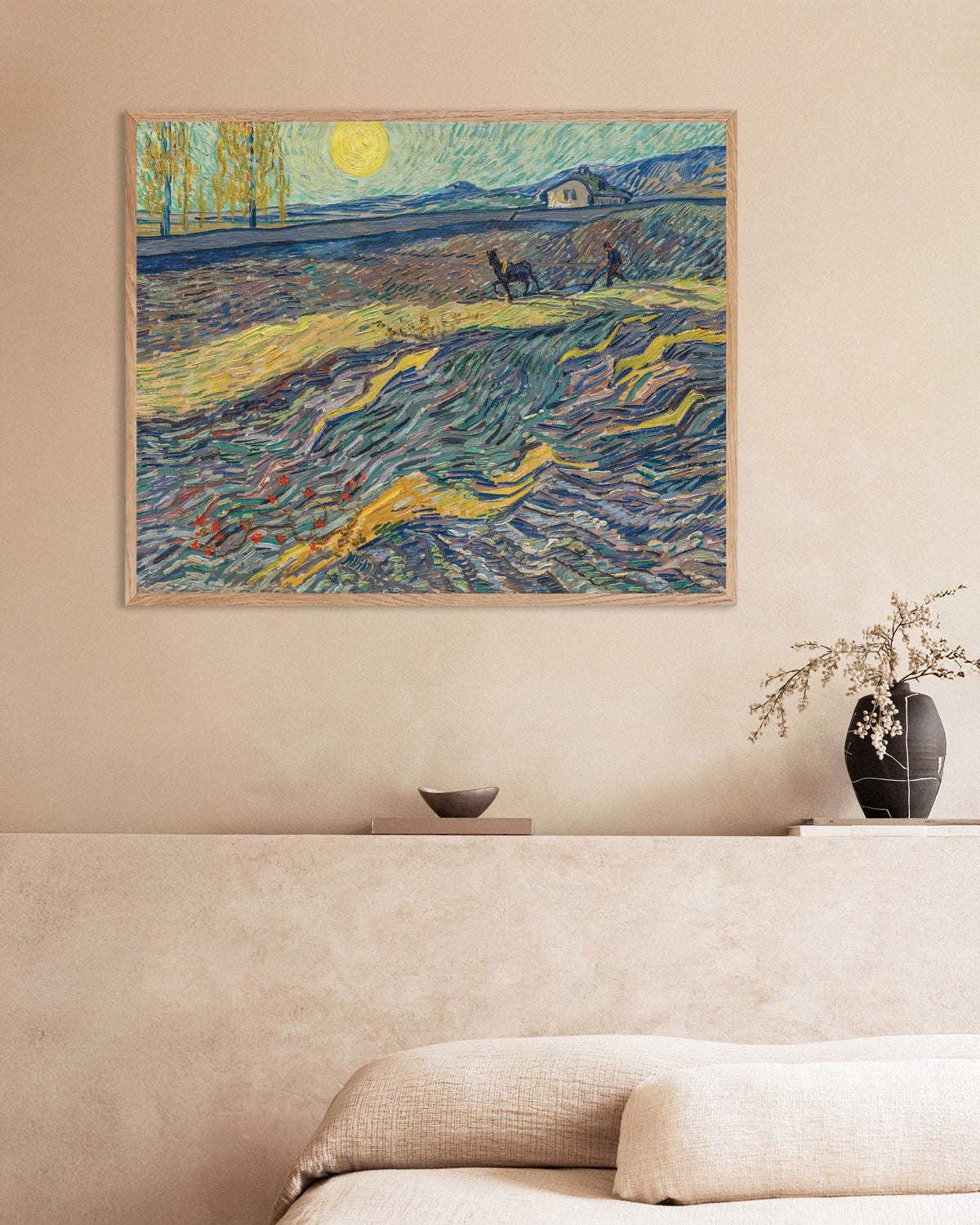 Poster of Enclosed Field with Ploughman (1889) by Vincent van Gogh, with natural wooden frame
