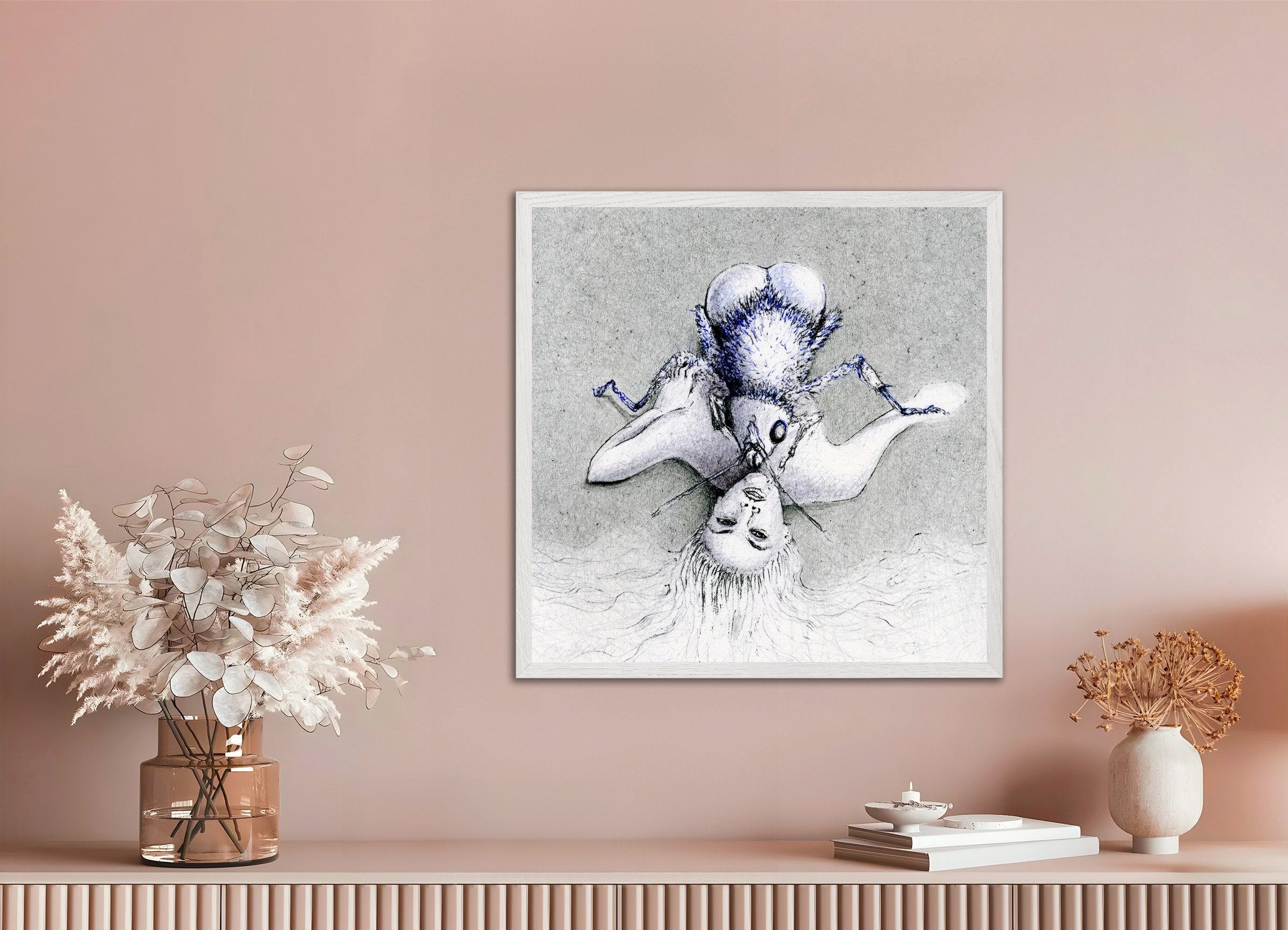 Poster of Ero Guro - The woman and the fly – Poster - Ballpoint pen art, with white wooden frame