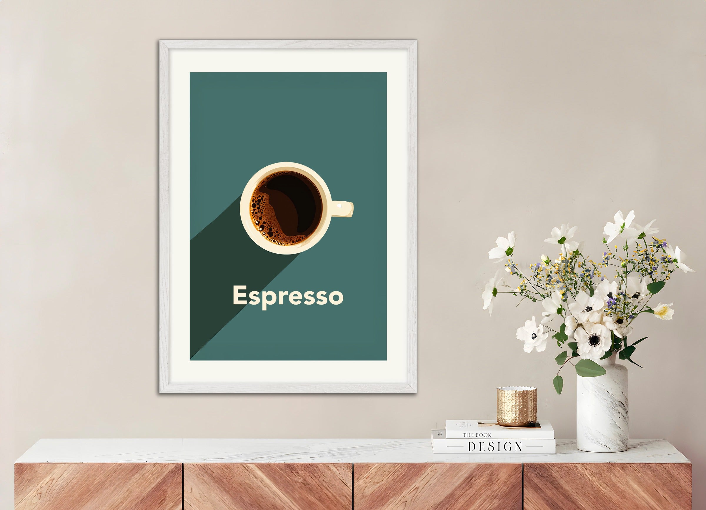 Poster with white wood frame: Espresso, coffee poster