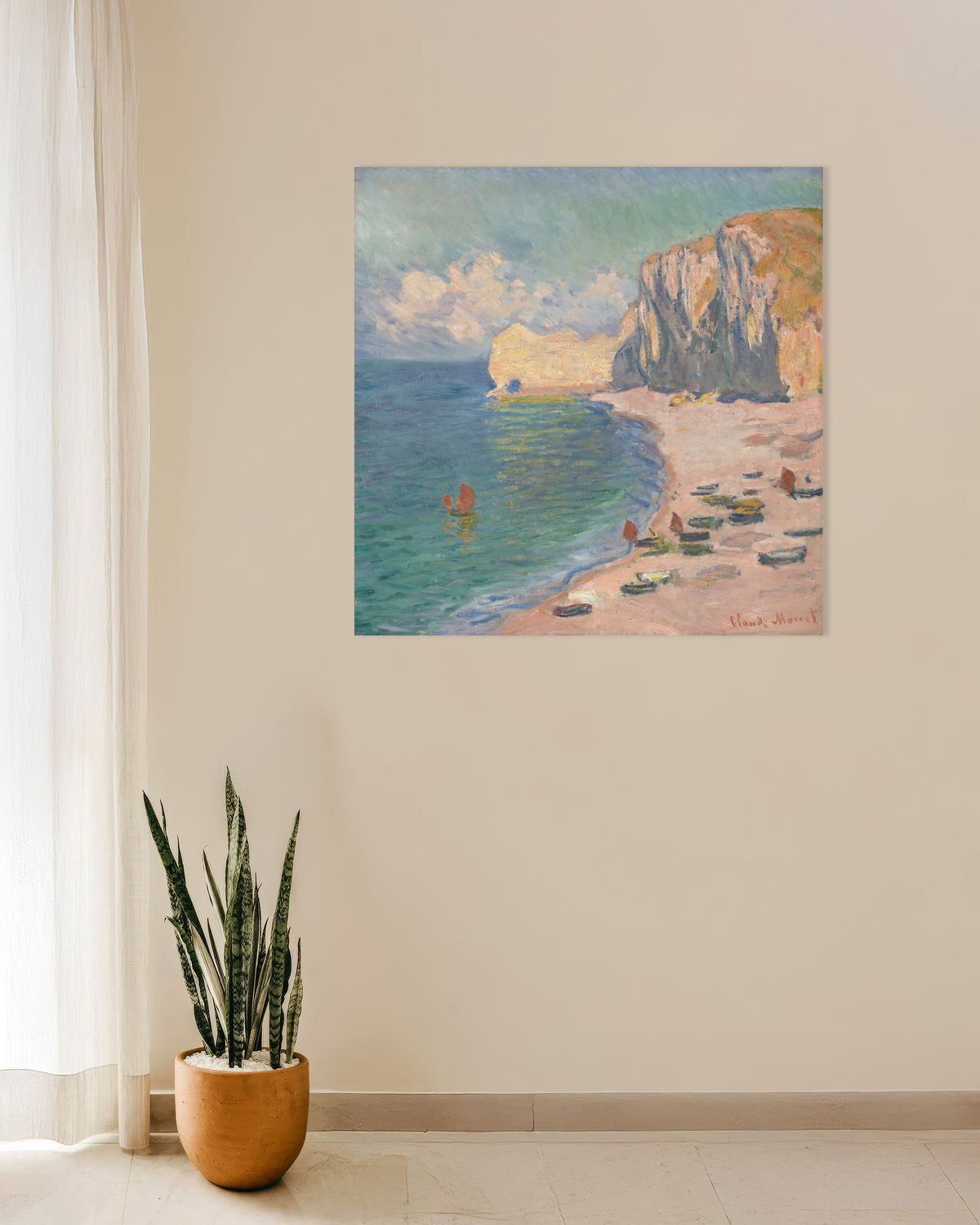 Plakat Étretat, stranden og Falaise d'Amont (1885) av Claude Monet
