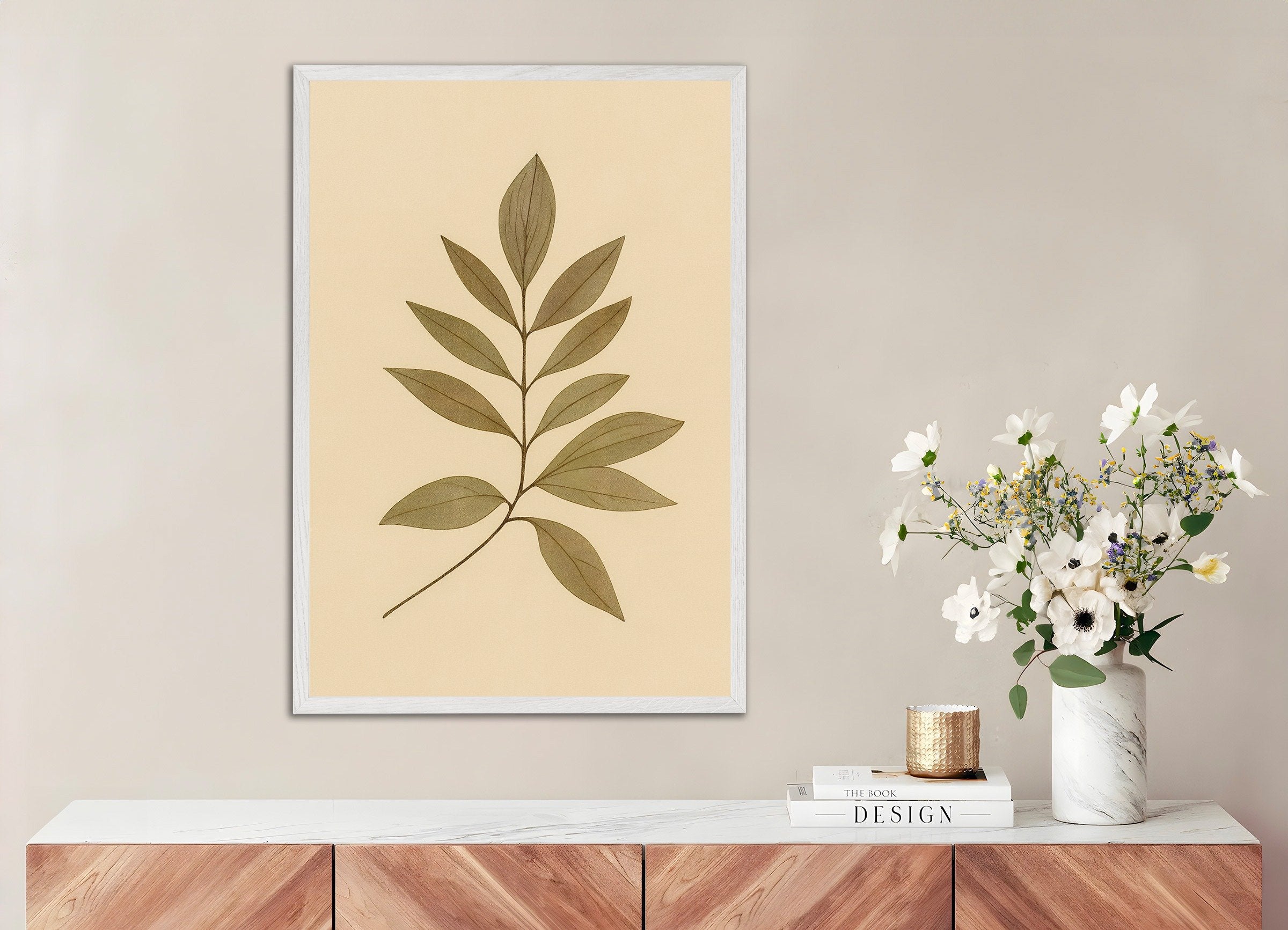 Poster of Eucalyptus Leaves Poster – Autumn Botanical Print, with white wooden frame