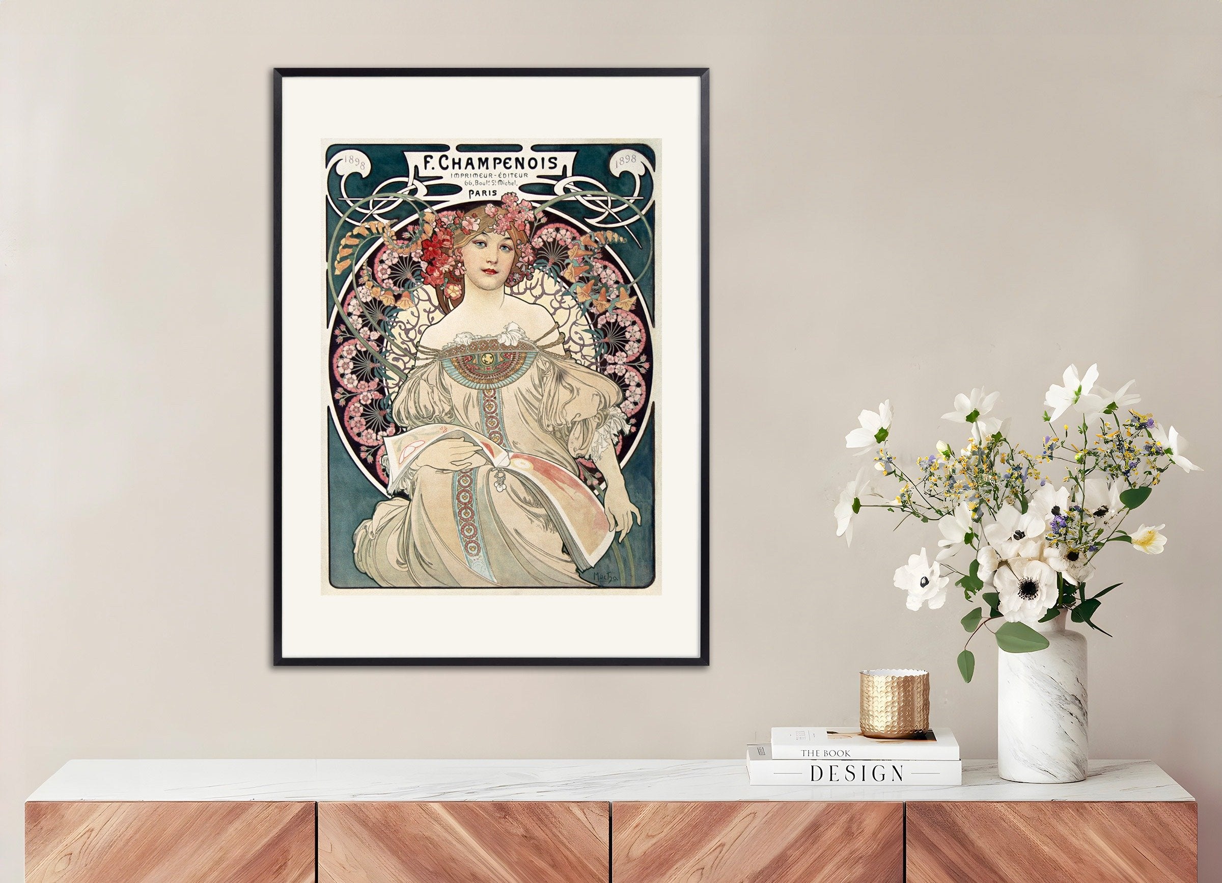 Poster of F. Champenois Printer-Publisher, by Alfons Mucha, with metal frame