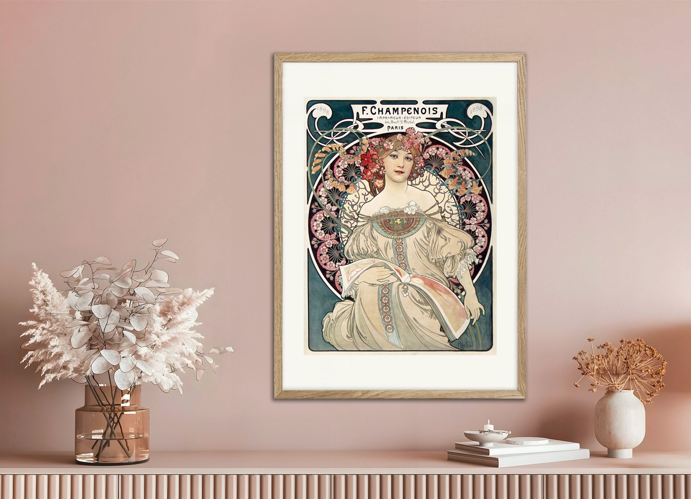 Poster of F. Champenois Printer-Publisher, by Alfons Mucha, with natural wooden frame