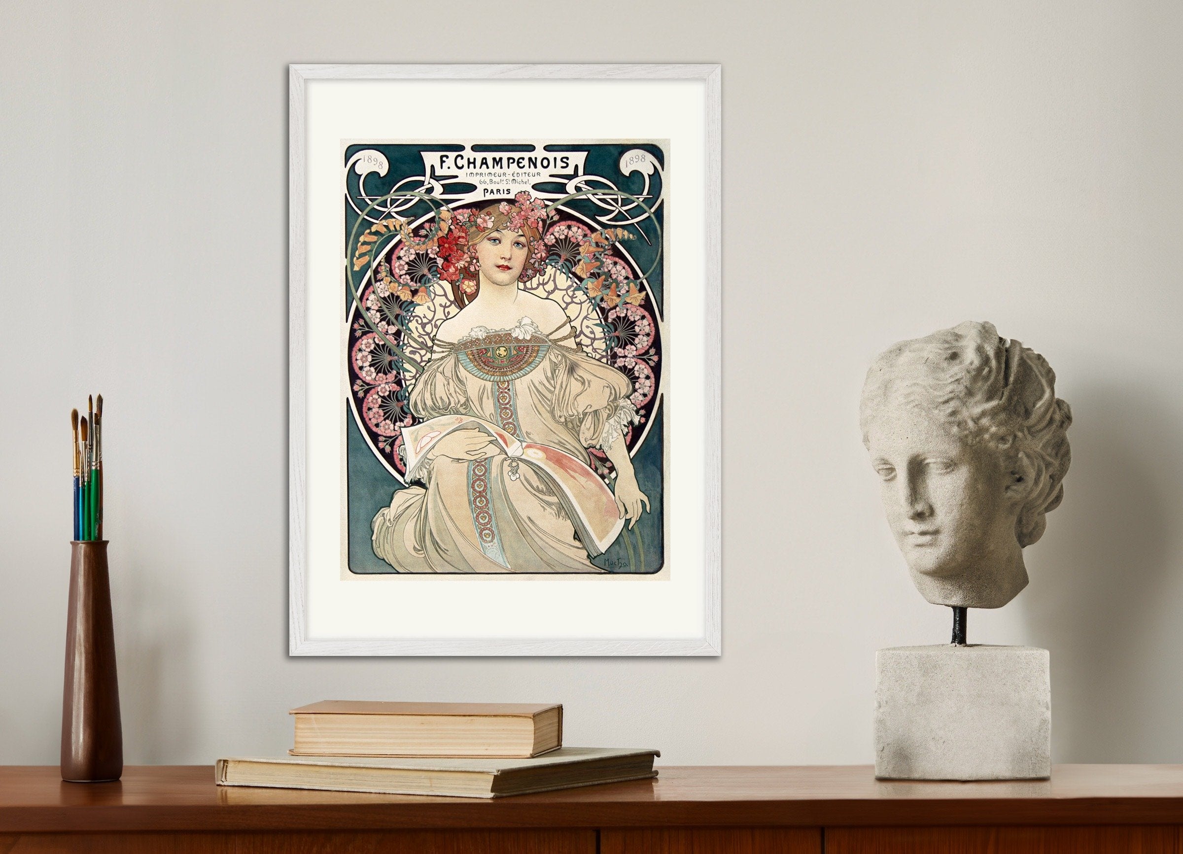 Poster of F. Champenois Printer-Publisher, by Alfons Mucha, with white wooden frame