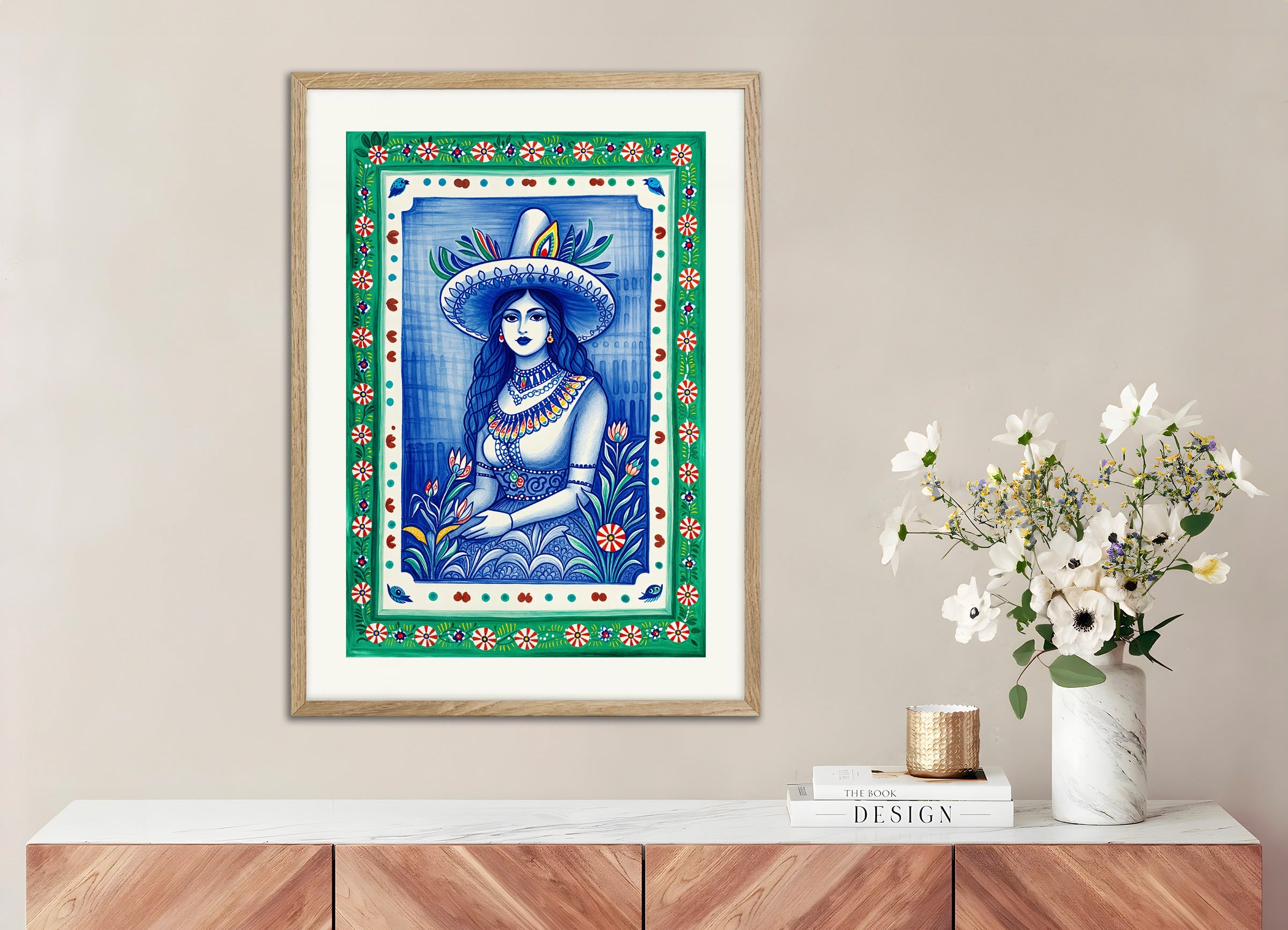 Poster with natural wood frame: Mexican art, folklore, women portrait