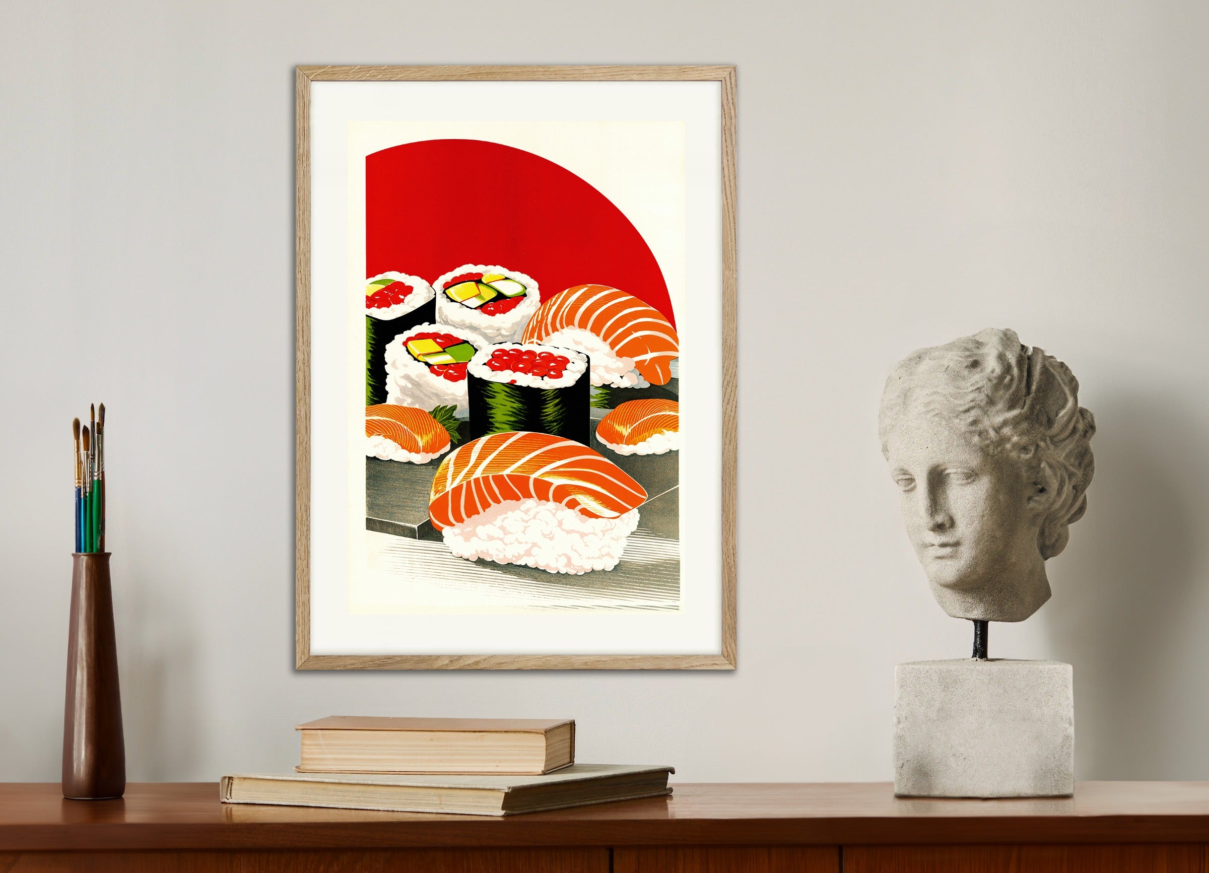 Poster with natural wood frame: Sushis, asian restaurant