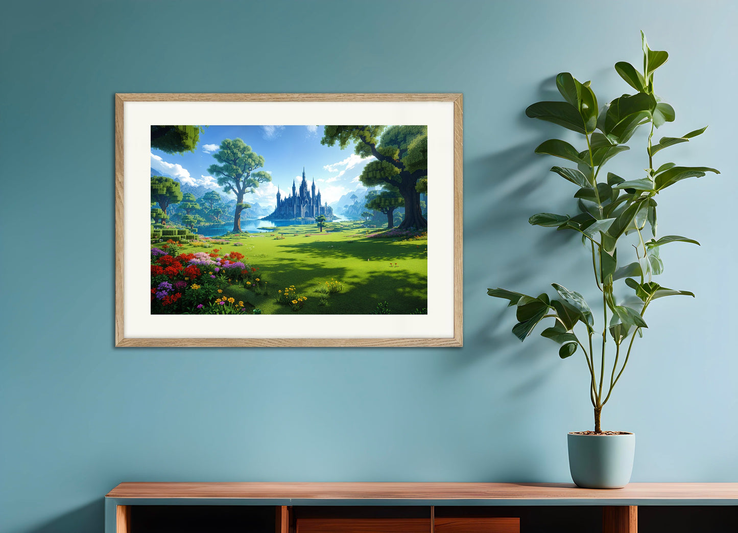 Poster with natural wood frame: Minecraft castle, beautiful landscape