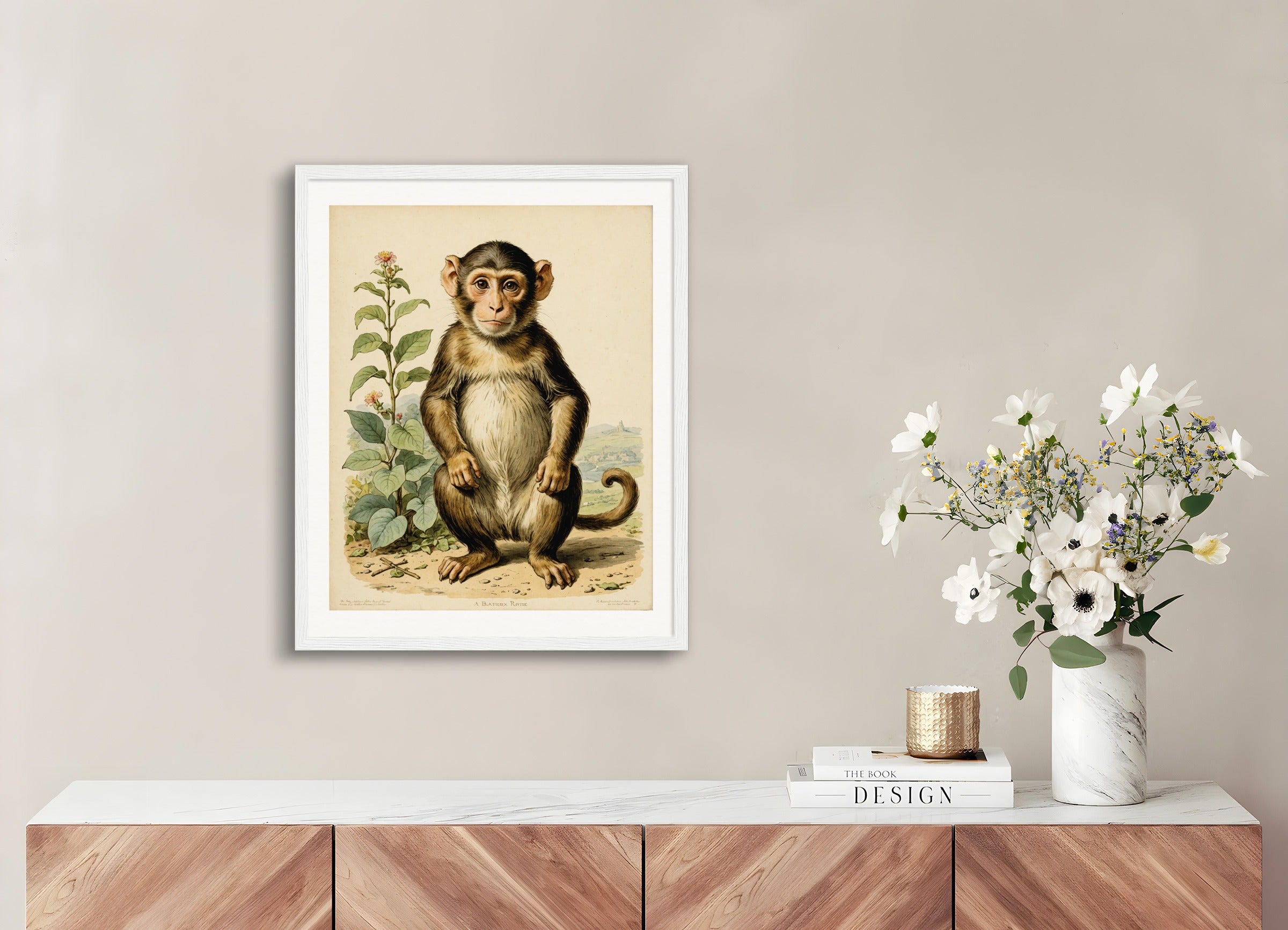 Poster with wood frame: Charming tales, delicate British watercolors, Monkey