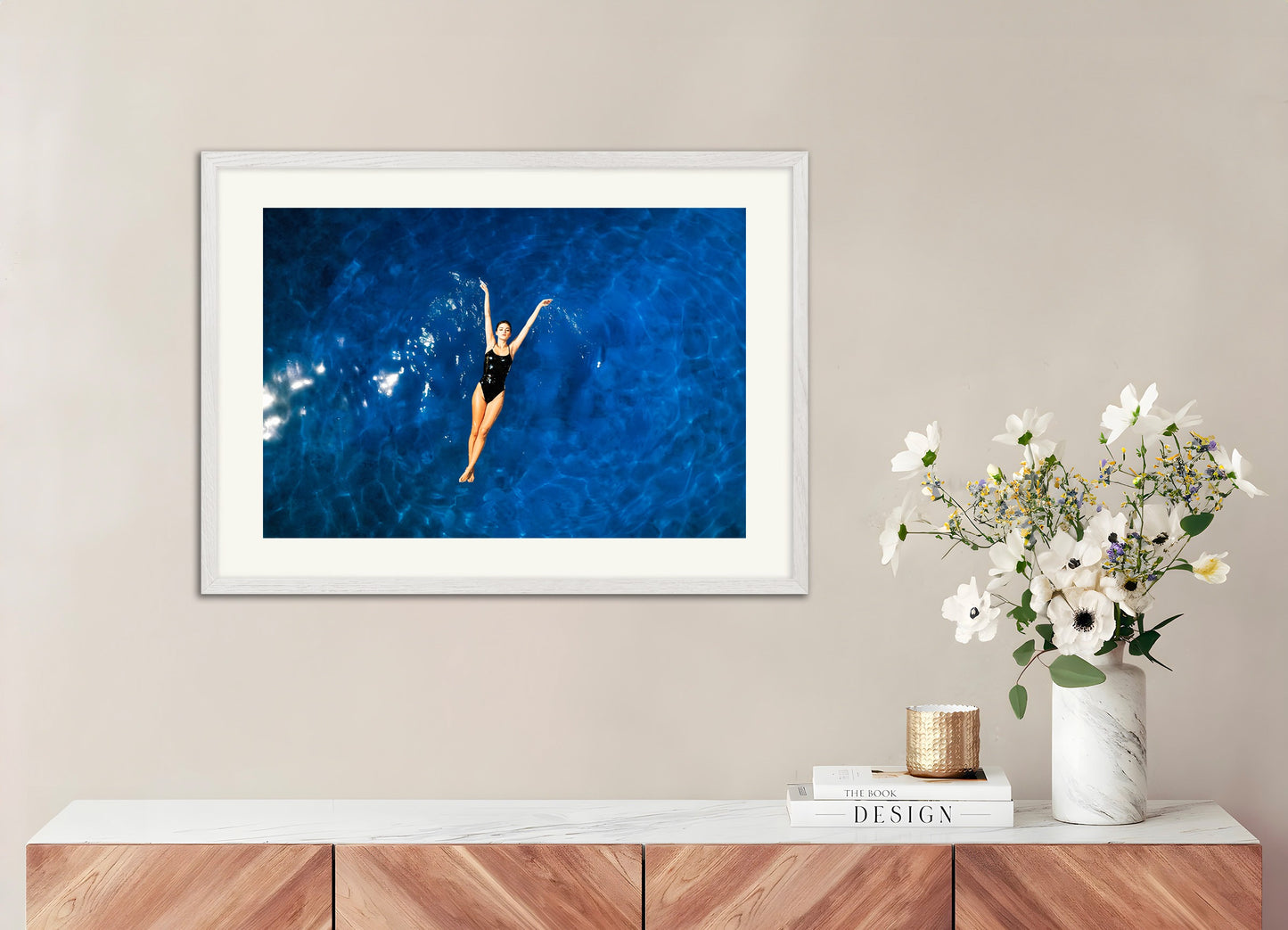 Poster with white wood frame: A woman swimming in a pool, SPA poster, relaxation