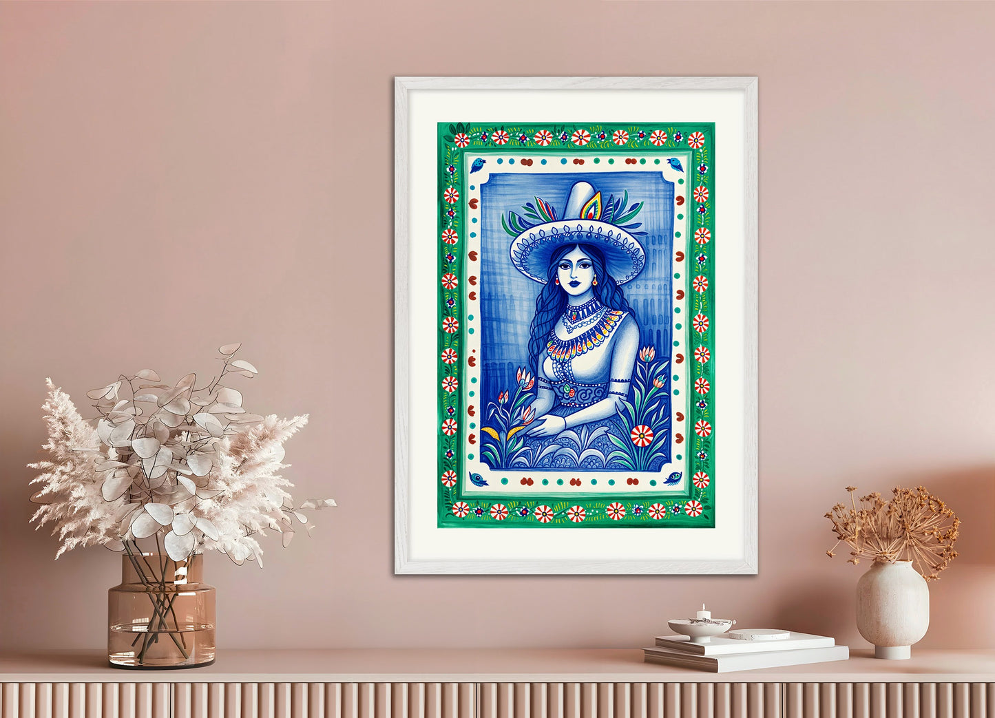 Poster with white wood frame: Mexican art, folklore, women portrait