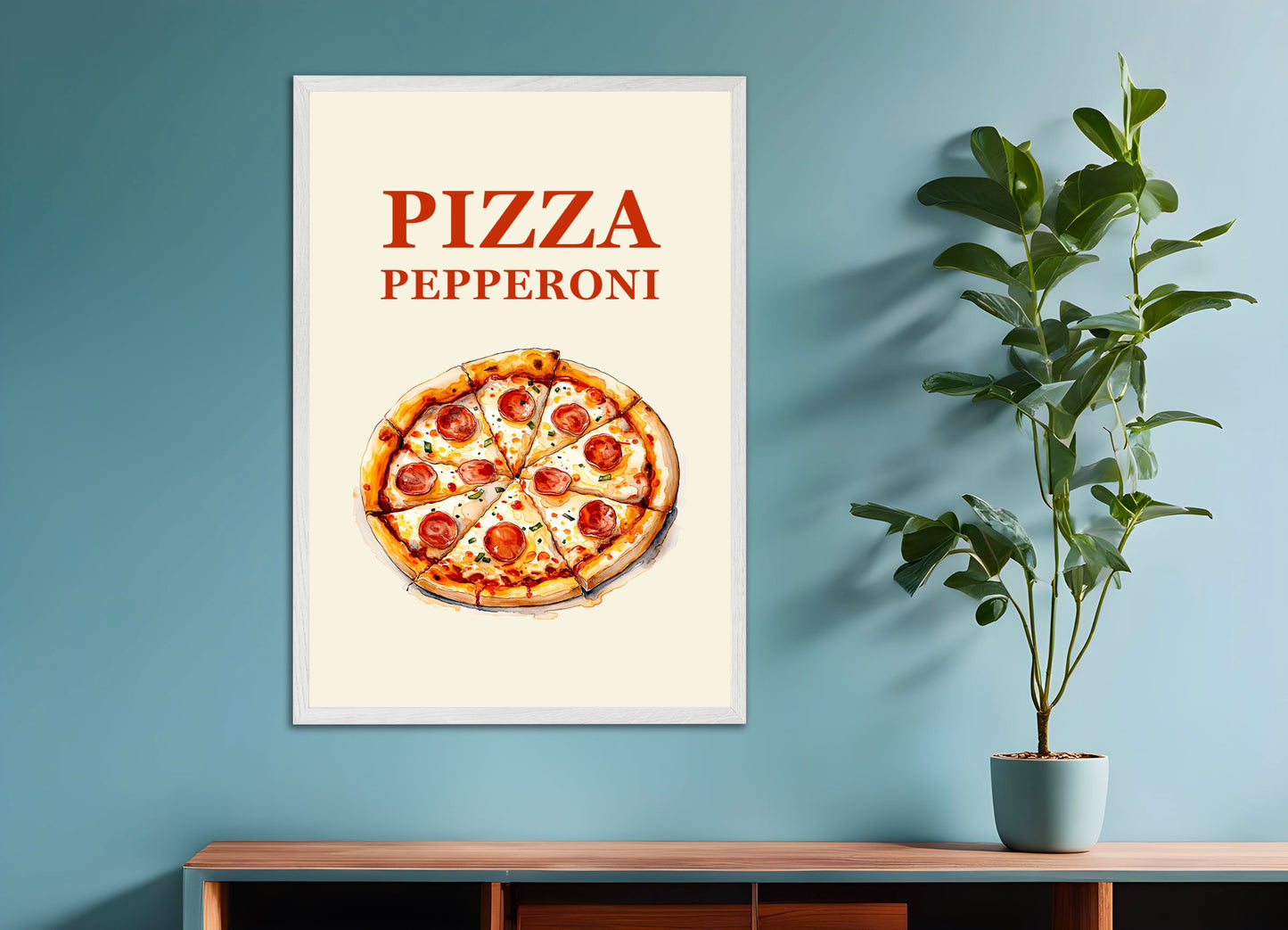 Poster with white wood frame: Pizza Pepperoni