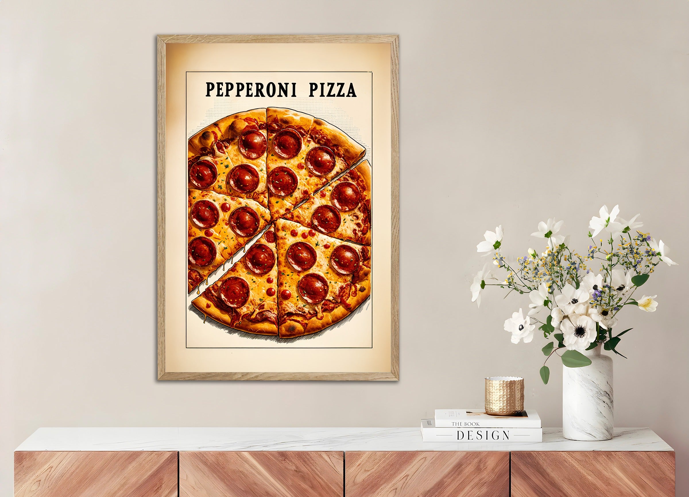 Poster with natural wood frame: Pizza Pepperoni