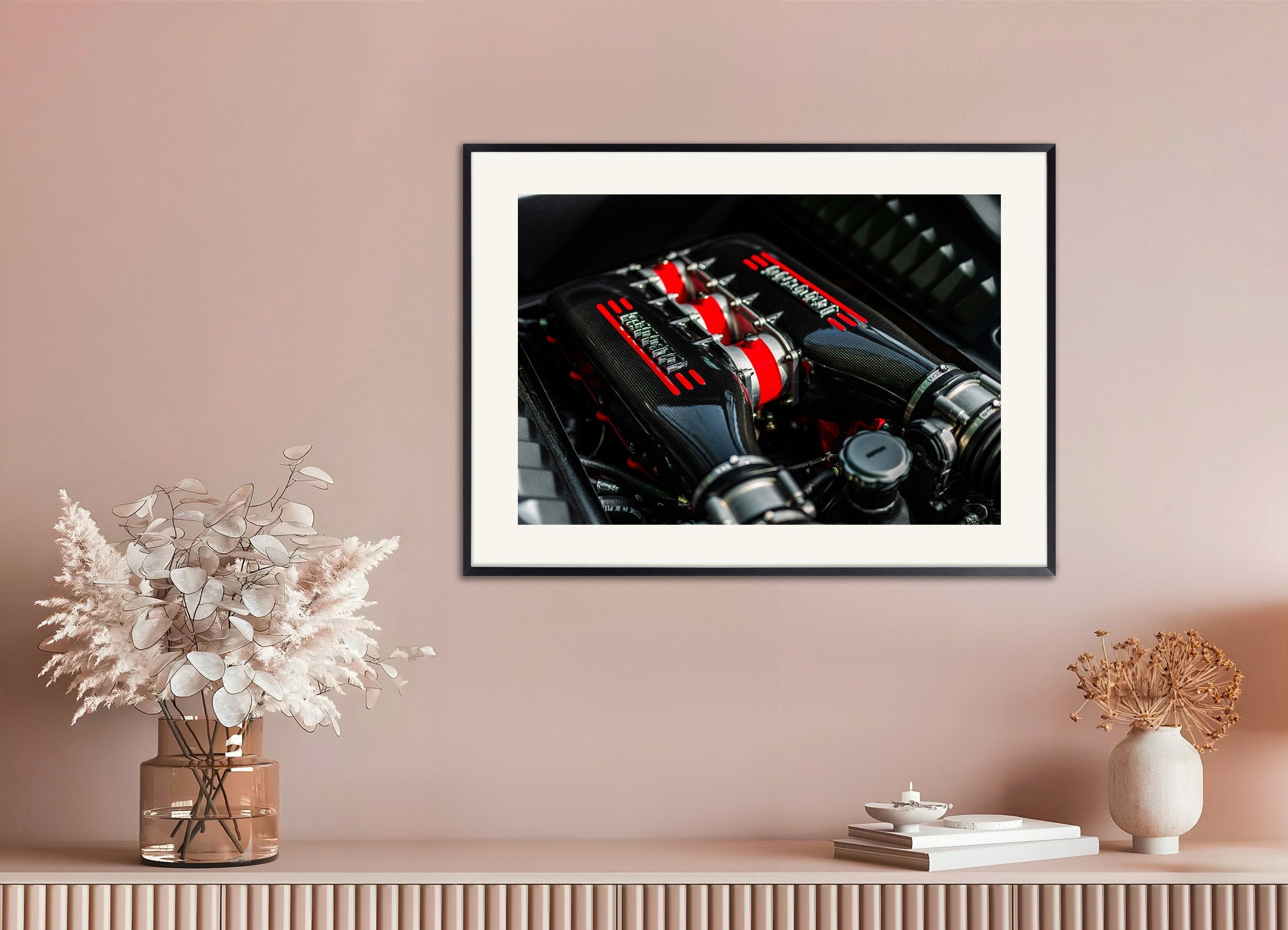 Poster of Ferrari poster, engine, with metal frame