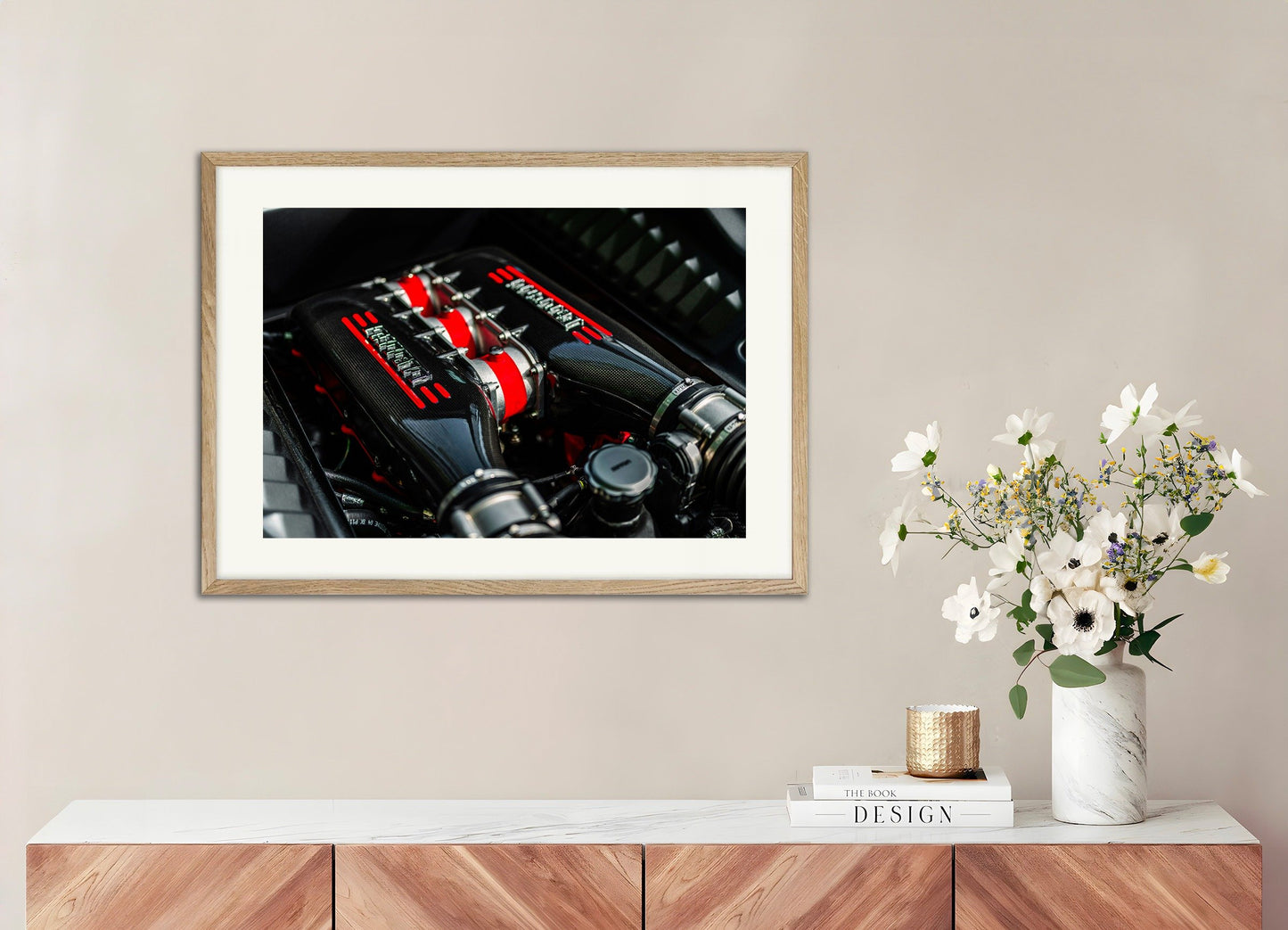 Poster of Ferrari poster, engine, with natural wooden frame