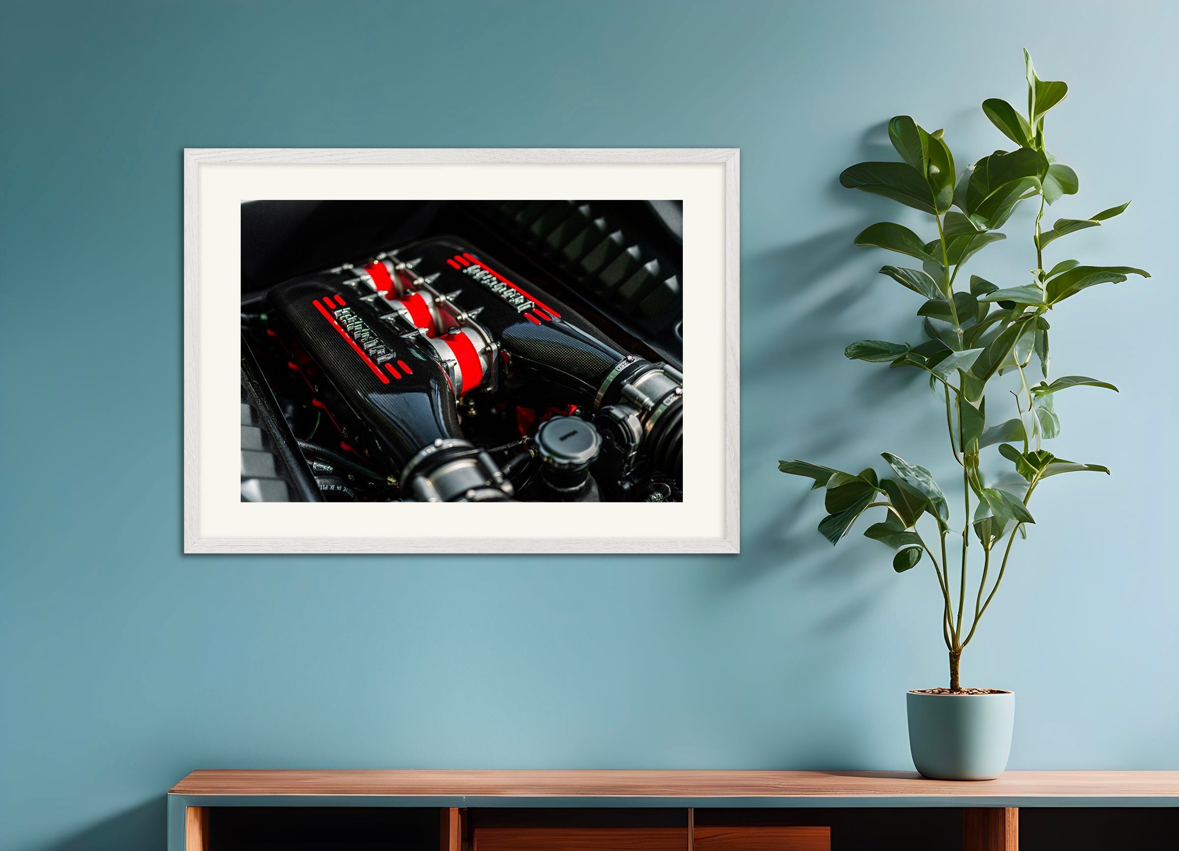 Poster of Ferrari poster, engine, with white wooden frame