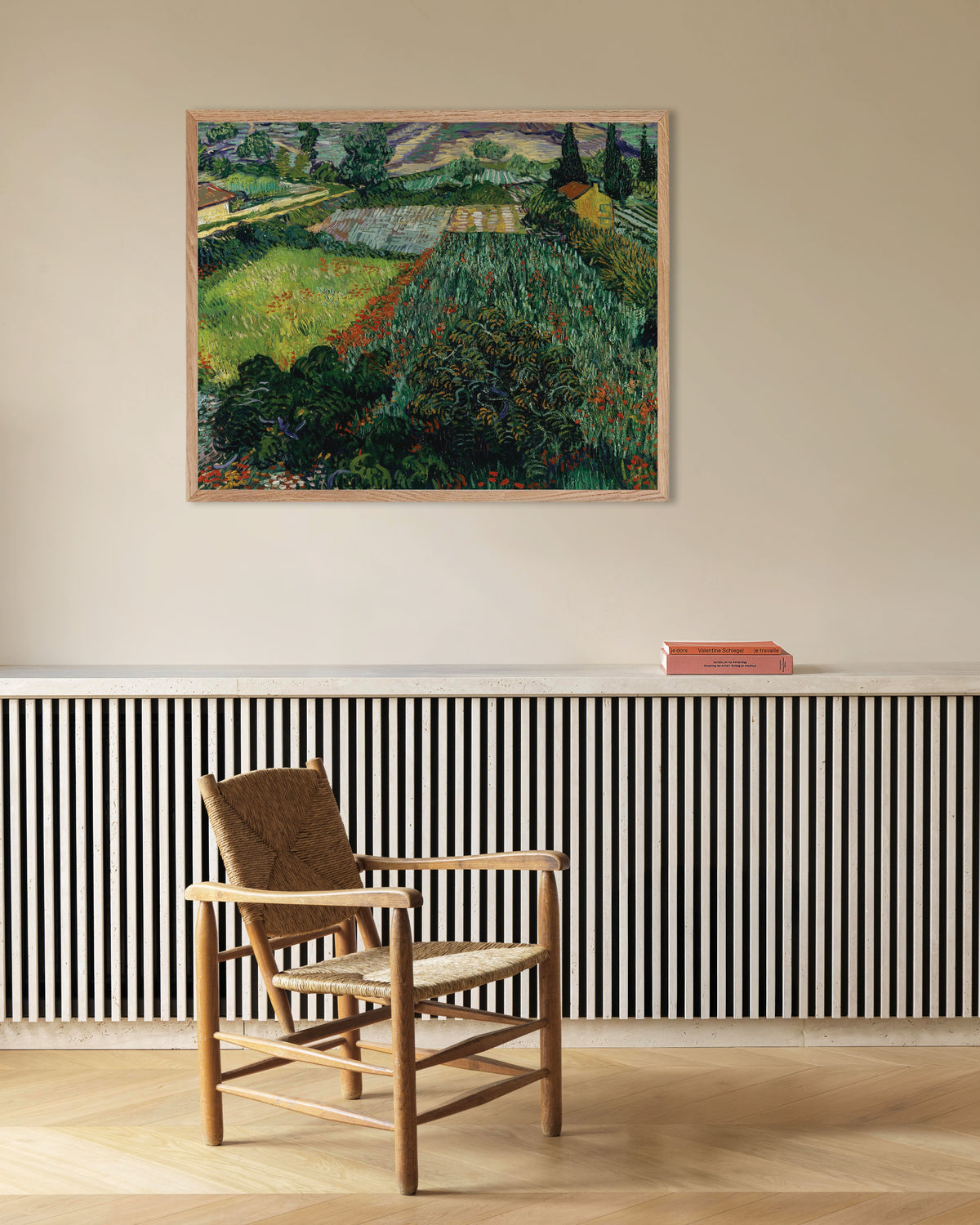 Poster of Field with Poppies (1889) by Vincent van Gogh, with natural wooden frame
