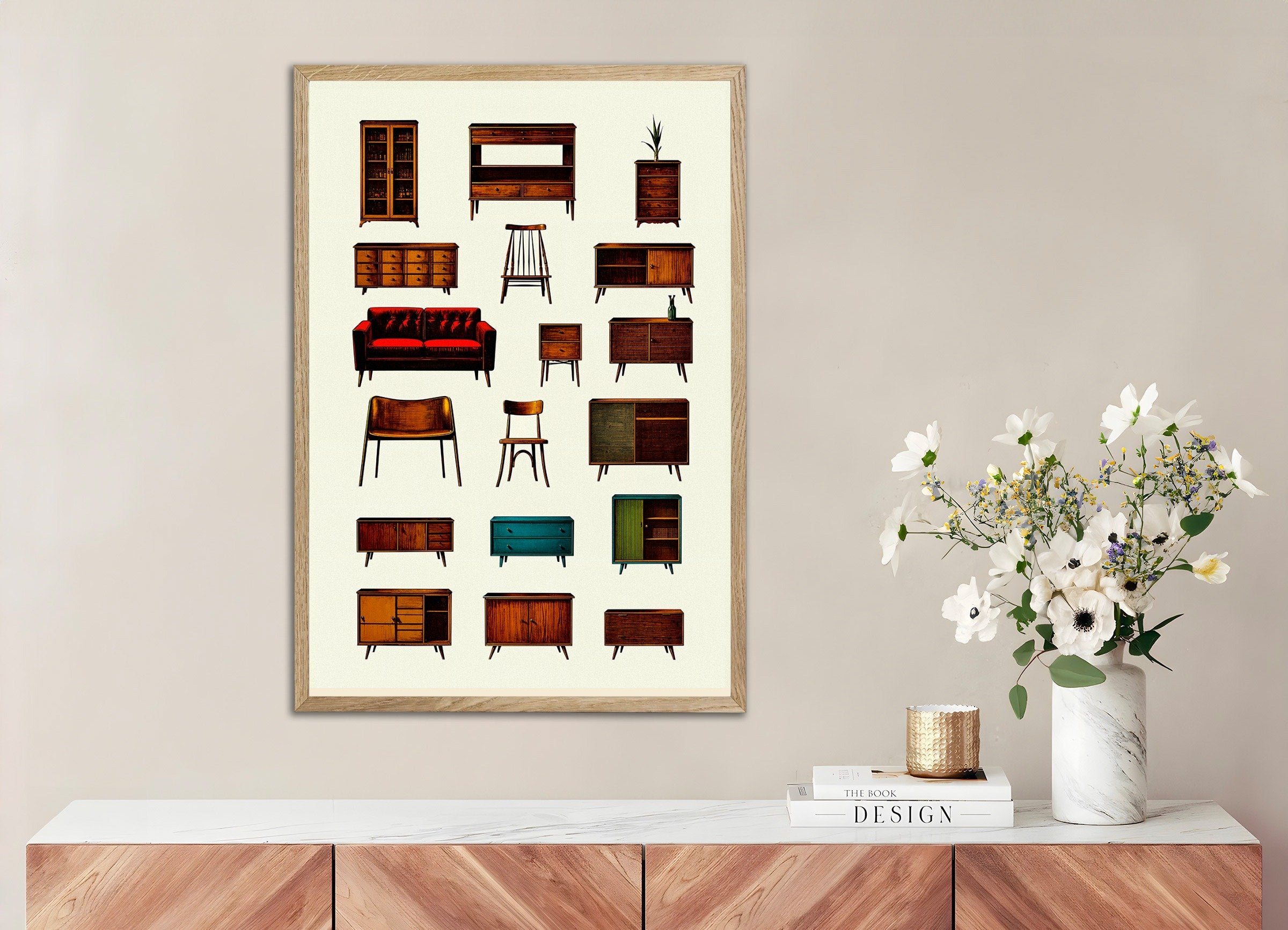 Poster of Flea market, furniture, with natural wooden frame