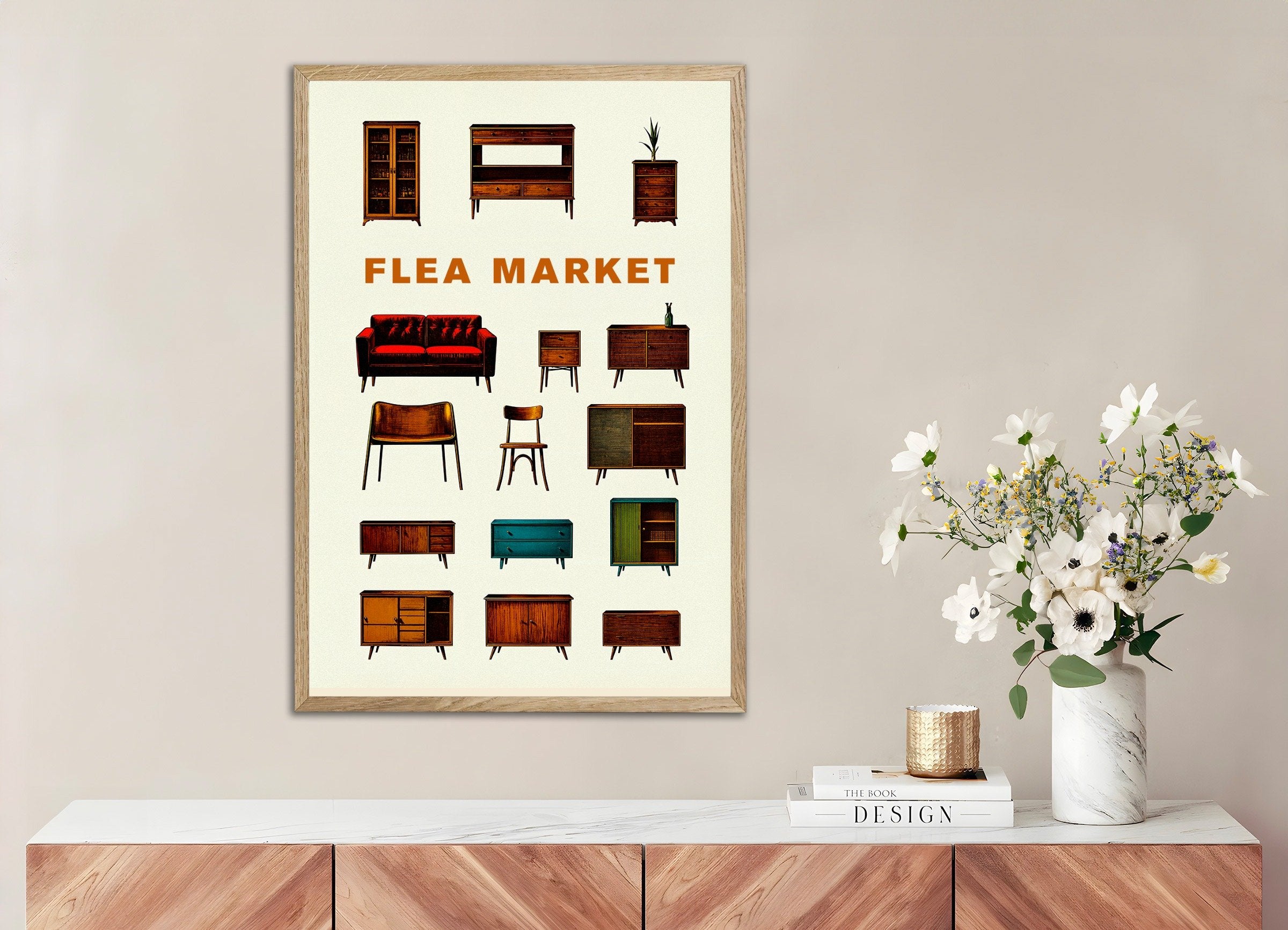 Poster of Flea market, furniture, with natural wooden frame