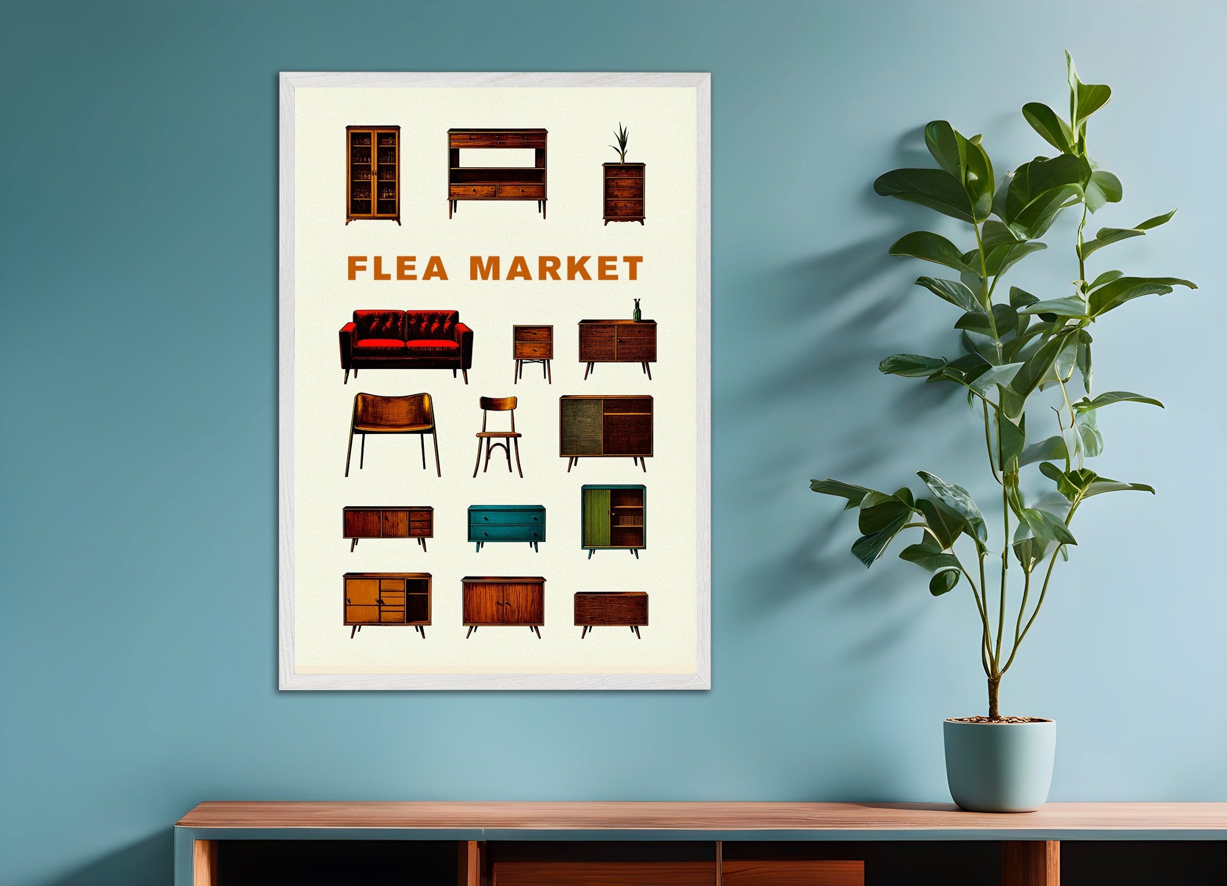 Poster of Flea market, furniture, with white wooden frame