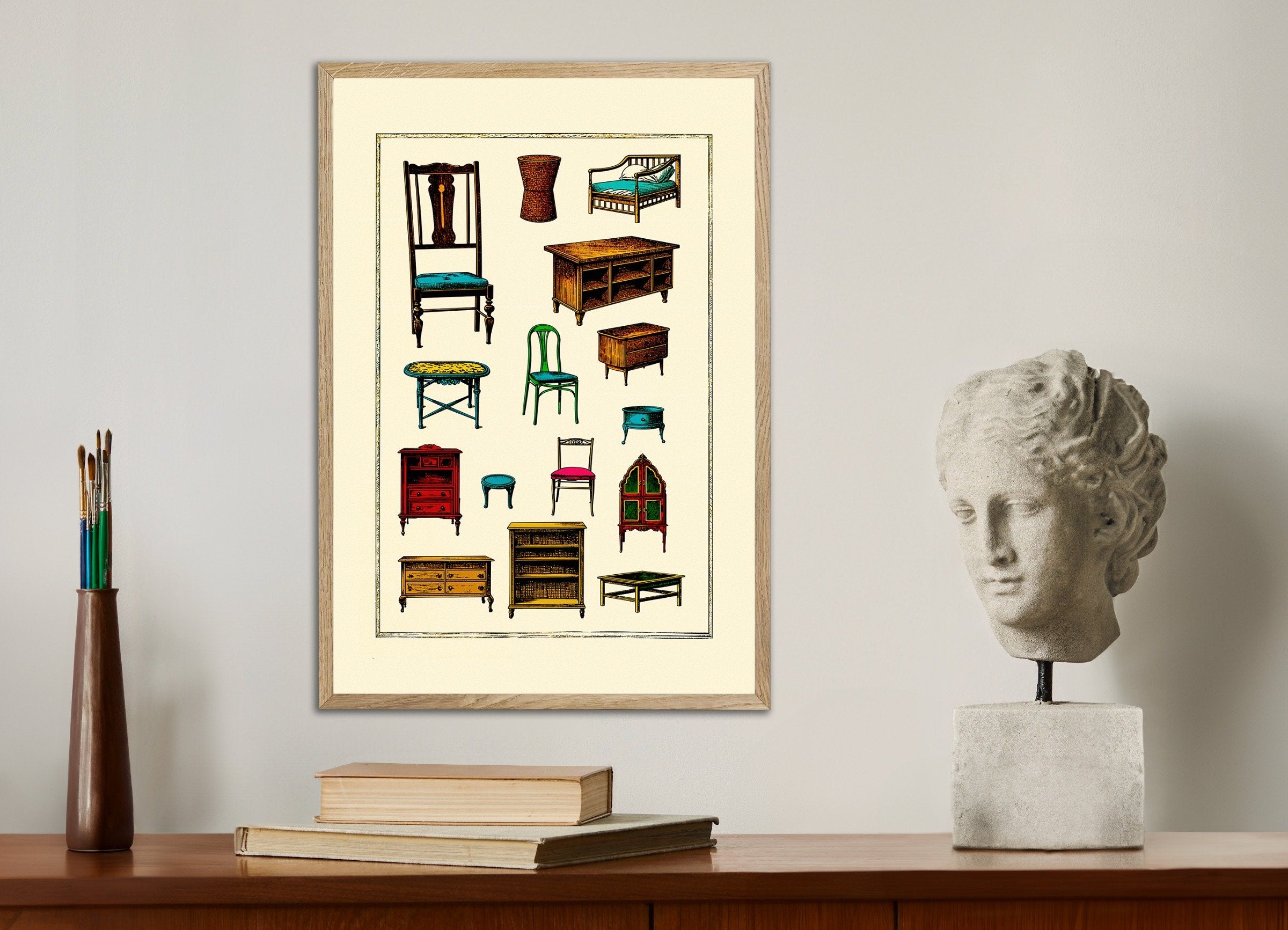 Poster of Flea market poster, furniture and objects, with natural wooden frame