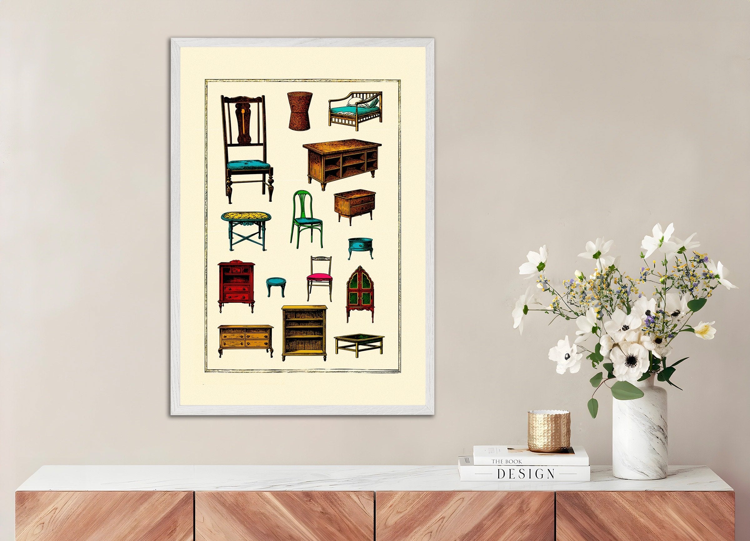 Poster of Flea market poster, furniture and objects, with white wooden frame