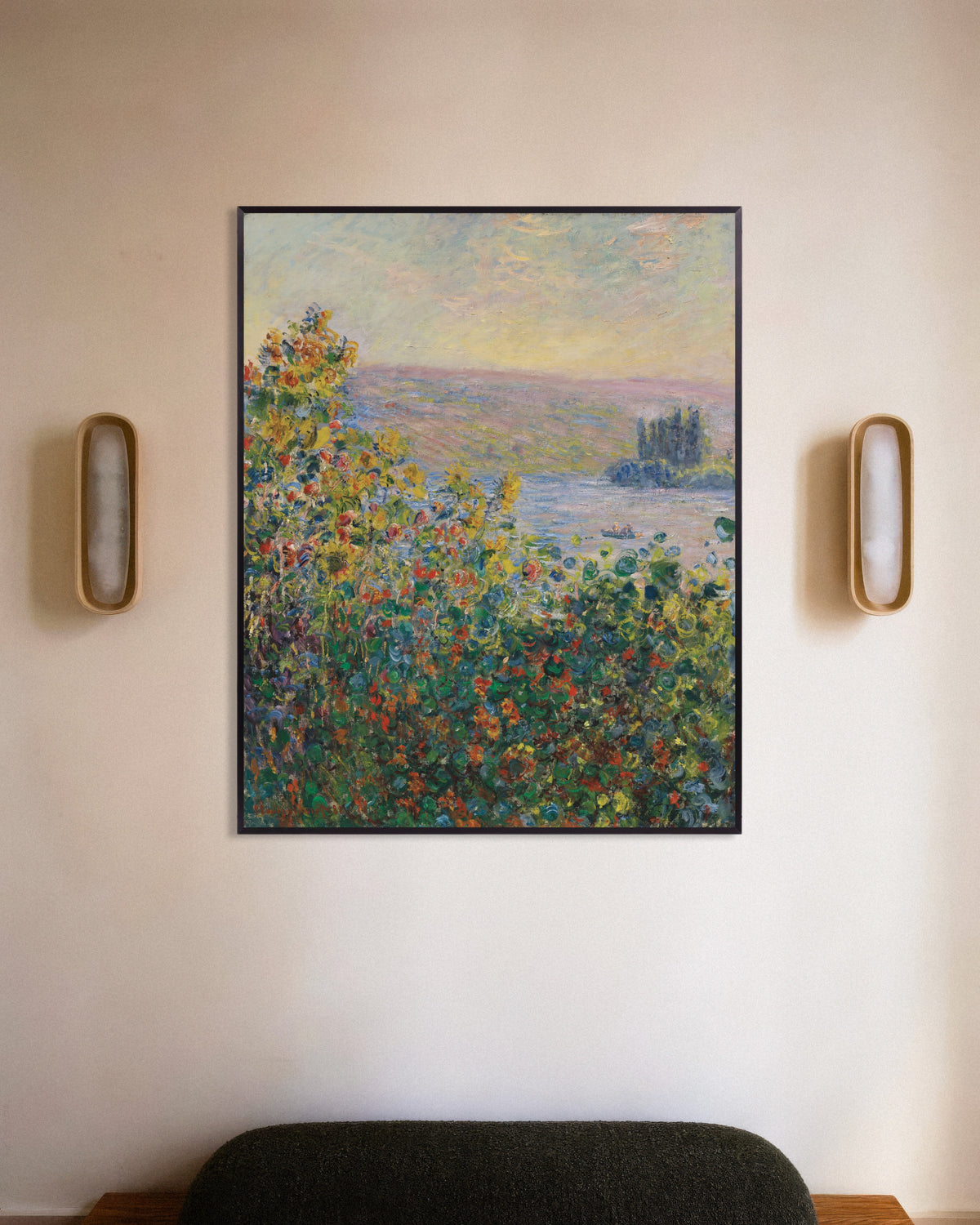 Plakat Blomsterbed i Vétheuil (1881) av Claude Monet med metallramme