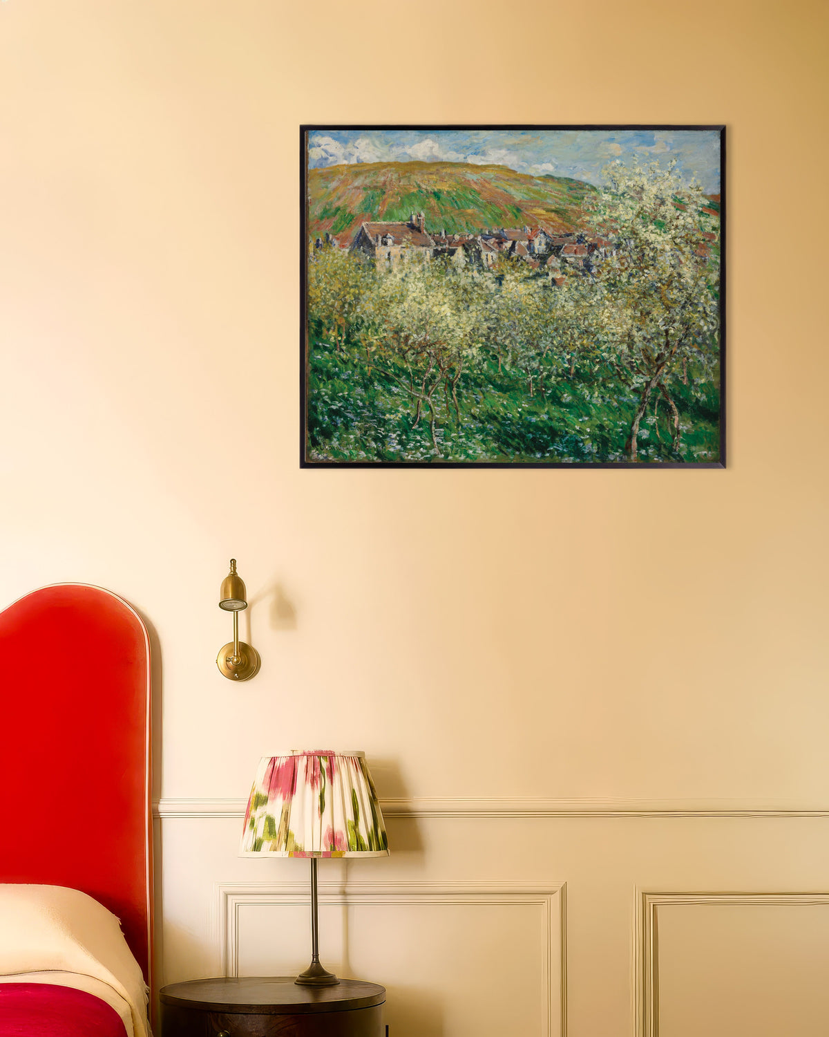 Poster of Flowering Plum Trees (1879) by Claude Monet, with metal frame