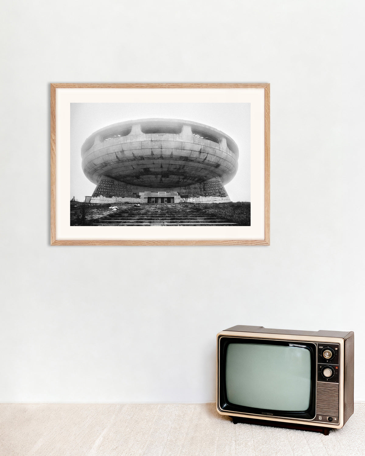 Poster of Flying Saucer Monument in the Fog, with natural wooden frame