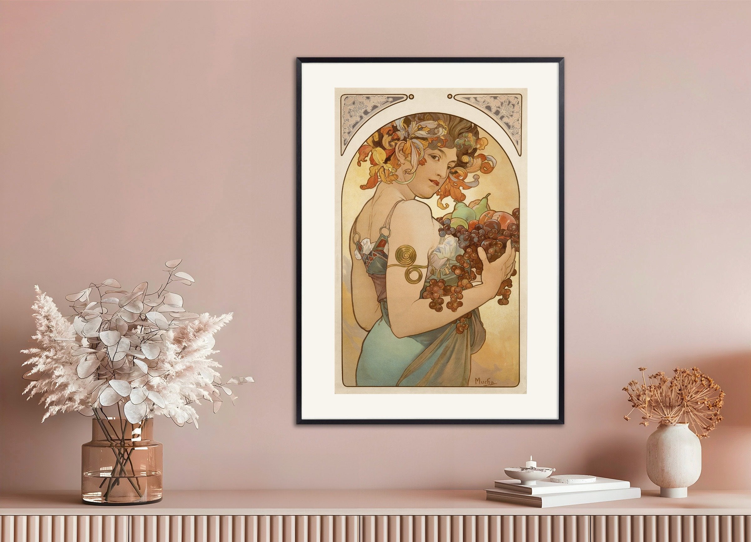 Poster of Fruit by Alfons Mucha, with metal frame